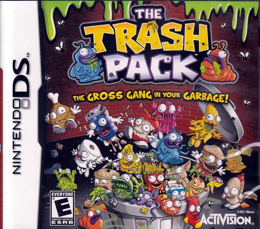 Sure, here is the corrected and grouped text from the image:

---

**Nintendo DS**

**The Trash Pack**

**The Gross Gang in Your Garbage!**

**Everyone**

**E**

**Content Rated by ESRB**

**© 2011 Moose Media**

**Activision**

---