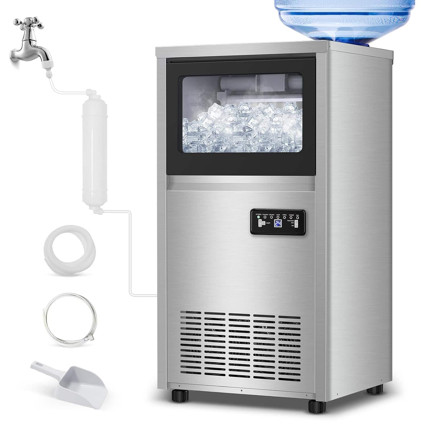 HOOURE - Commercial Ice Maker Machine, 150 Lbs /24H, 30 lbs Bin,Built-in or Freestanding - Stainless Steel