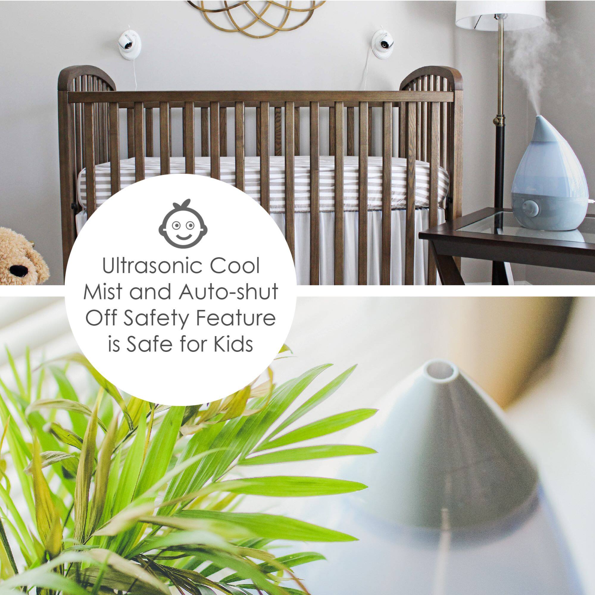 The image features a bedroom with a crib, a bed, and a nightstand. There is a stuffed teddy bear on the bed, and a potted plant is placed near the crib. The image is advertising a cool mist and auto-shut off safety feature, which is safe for kids. The text emphasizes the ultrasonic cool mist and auto-shut off safety feature, making it a suitable choice for parents looking to provide a comfortable and safe environment for their children.
