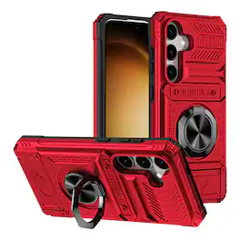 Dteck - Rugged Case For Samsung Galaxy A17 5G/A16 5G Ring Holder Kickstand Magnetic Car Mount Hidden Card Slot Shockproof Cover - Red