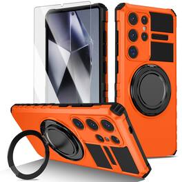 Dteck - Heavy Duty Ring Stand Case for Samsung Galaxy S26 Ultra,Shockproof Rugged PC TPU Phone Cover + Tempered Glass Flim - Orange