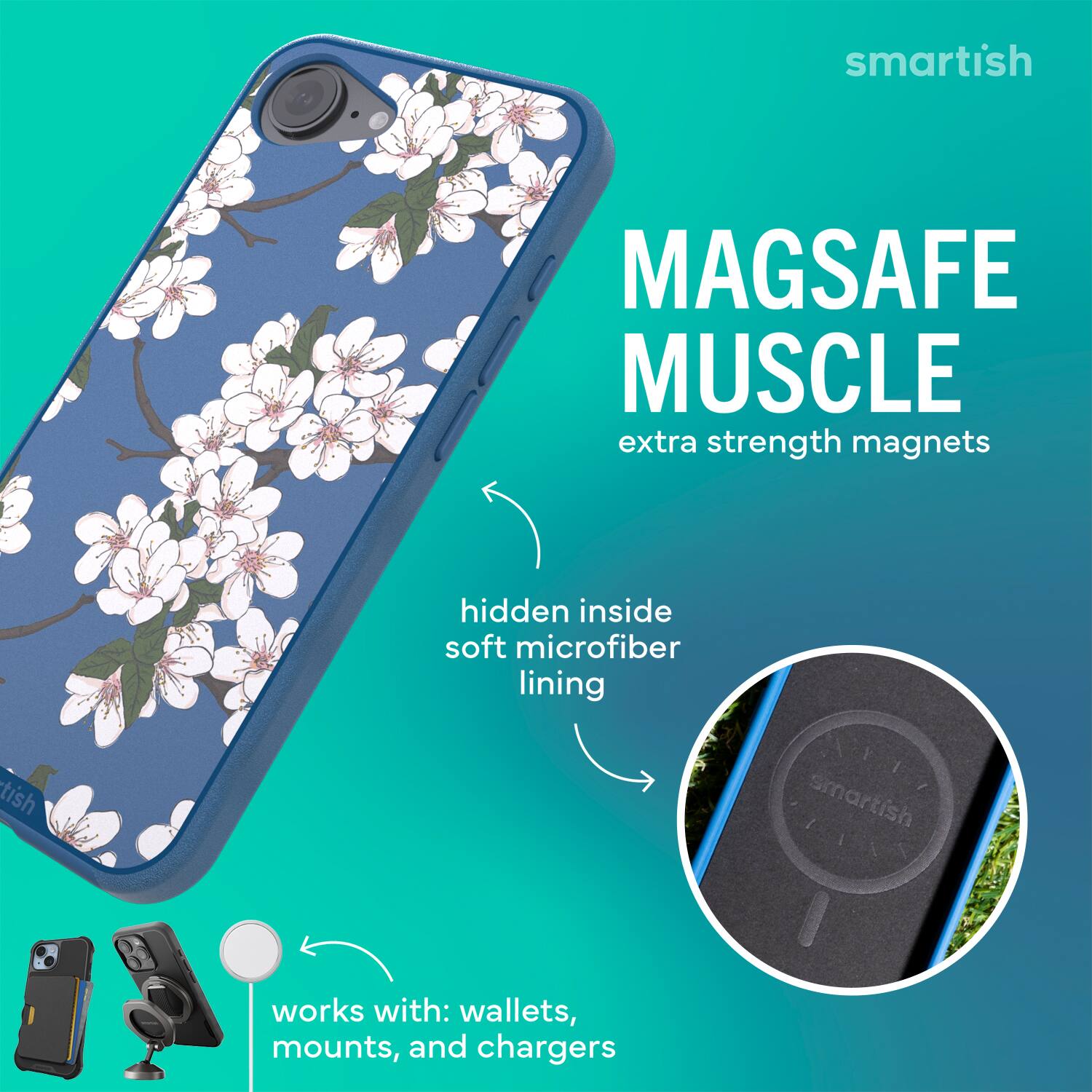 smartish MAGSAFE MUSCLE extra strength magnets hidden inside soft microfiber lining works with: wallets, mounts, and chargers