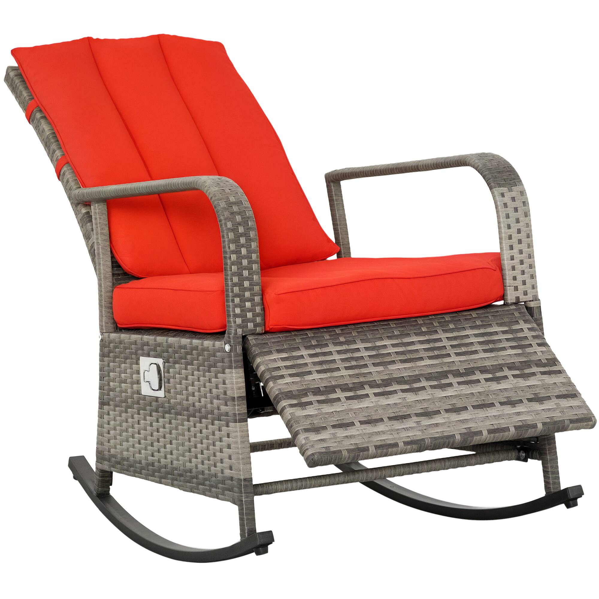 Outsunny - Wicker Outdoor Rocking Chair, Patio Recliner with Adjustment Backrest, PE Rattan Lounge Chair - Mixed Brown/Red