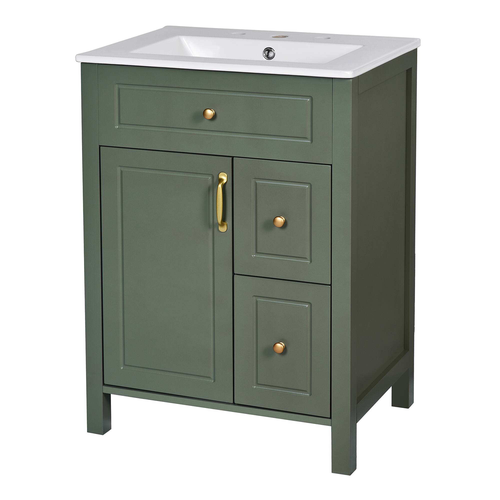 Left. Whisen - 24" Bathroom Vanity with Ceramic Sink, 1 Soft Close Door, 2 Soft Close Drawers, and Double Storage Racks - Green.