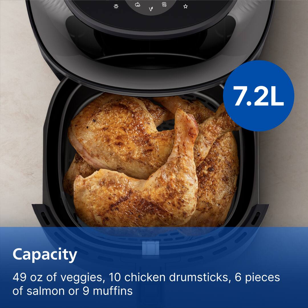 7.2L Capacity  
49 oz of veggies, 10 chicken drumsticks, 6 pieces of salmon or 9 muffins