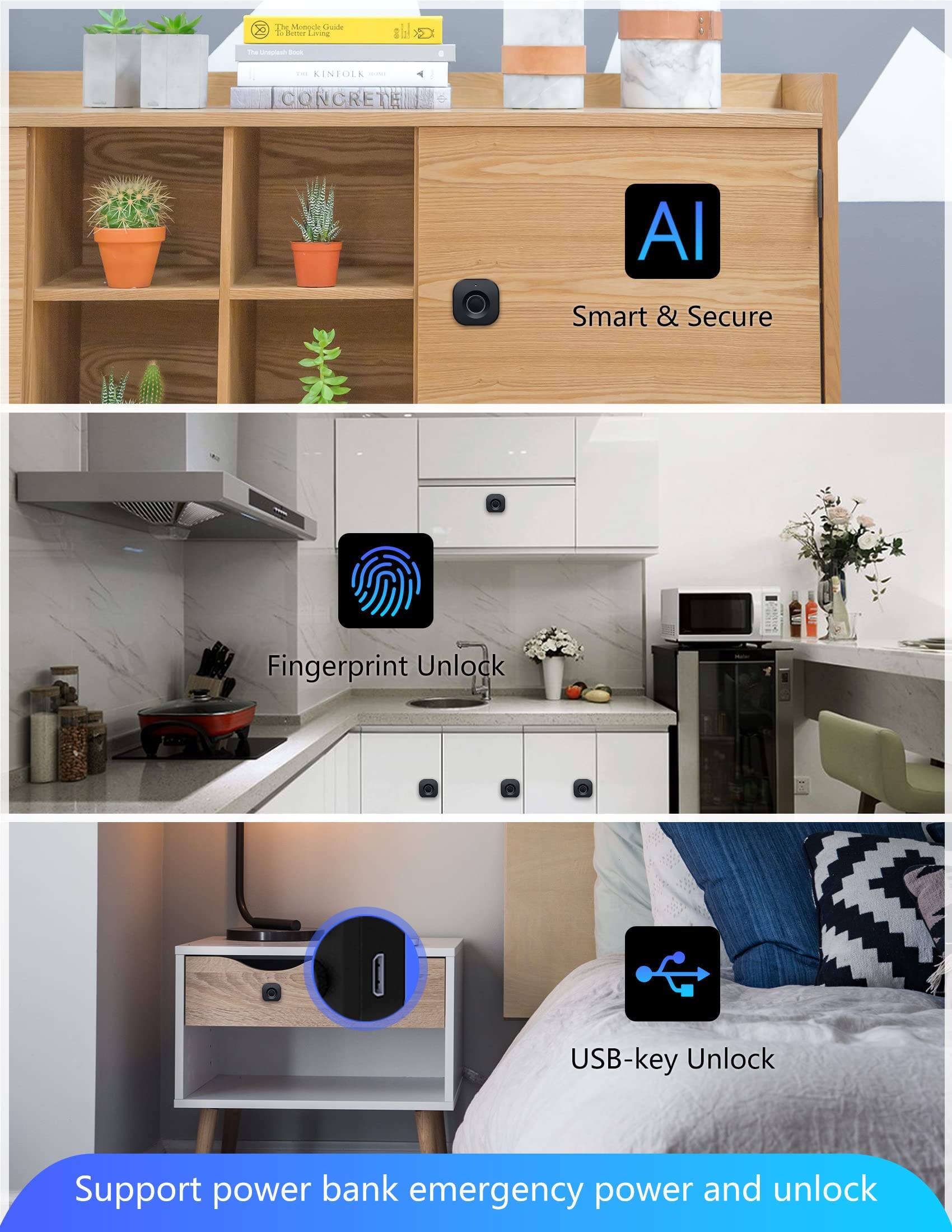 Sure, here is the corrected and grouped text from the image:

---

**AI**  
Smart & Secure

**Fingerprint Unlock**

**USB-key Unlock**

Support power bank emergency power and unlock

---