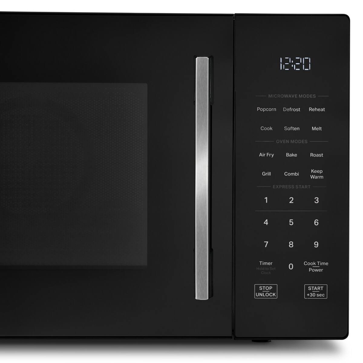 12:20

MICROWAVE MODES  
- Popcorn  
- Defrost  
- Reheat  
- Cook  
- Soften  
- Melt  

OVEN MODES  
- Air Fry  
- Bake  
- Roast  
- Grill  
- Combi  
- Keep Warm  

EXPRESS START  
1 2 3  
4 5 6  
7 8 9  

Timer  
Hold to Set Clock  

Cook Time  
Power  

STOP UNLOCK  

START +30 sec