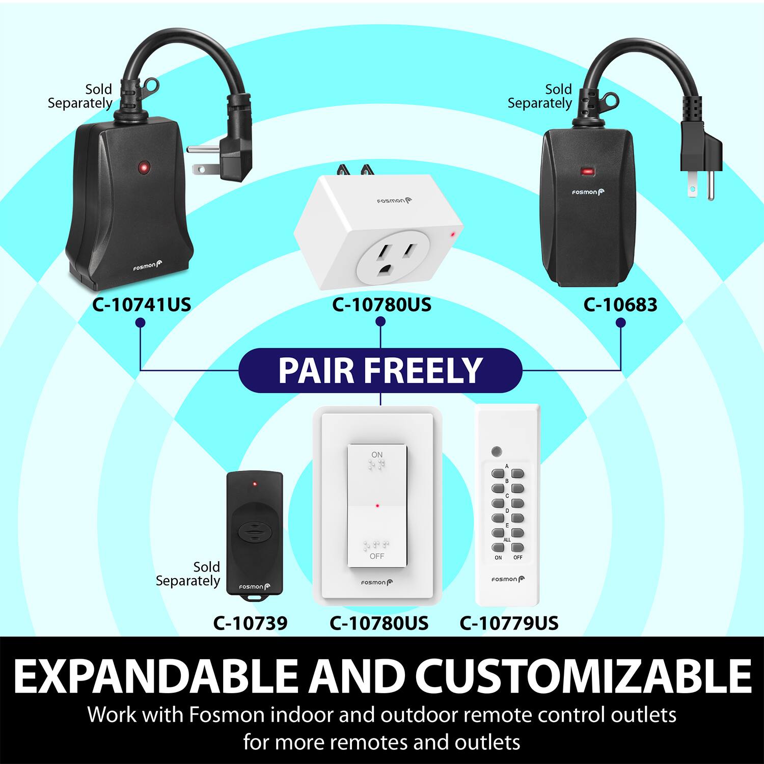 Sold Separately Sold Separately C-10741US C-10780US C-10683 PAIR FREELY Sold Separately C-10739 C-10780US C-10779US EXPANDABLE AND CUSTOMIZABLE Work with Fosmon indoor and outdoor remote control outlets for more remotes and outlets