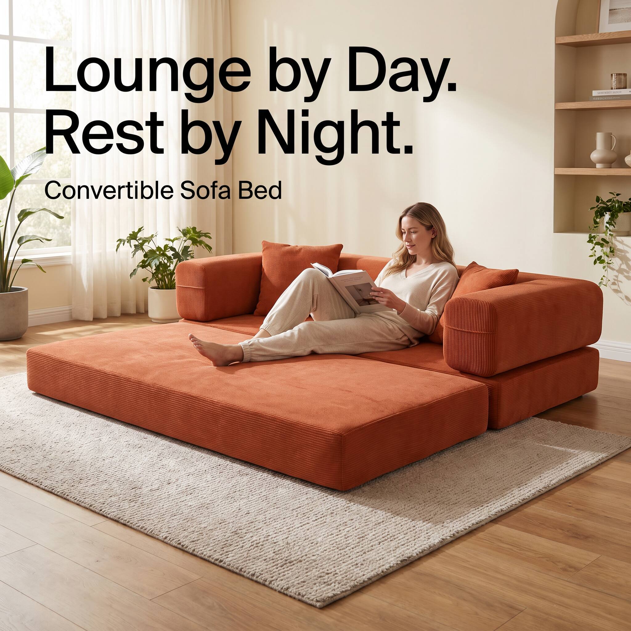 Lounge by Day.  
Rest by Night.  
Convertible Sofa Bed