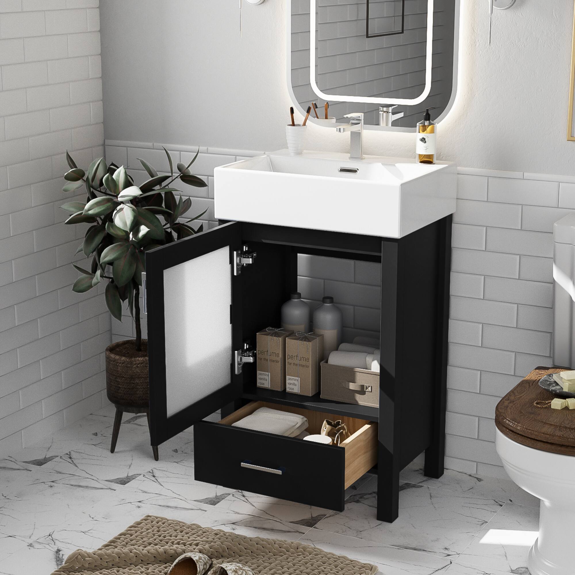 Compact bathroom vanity with ceramic sink and storage