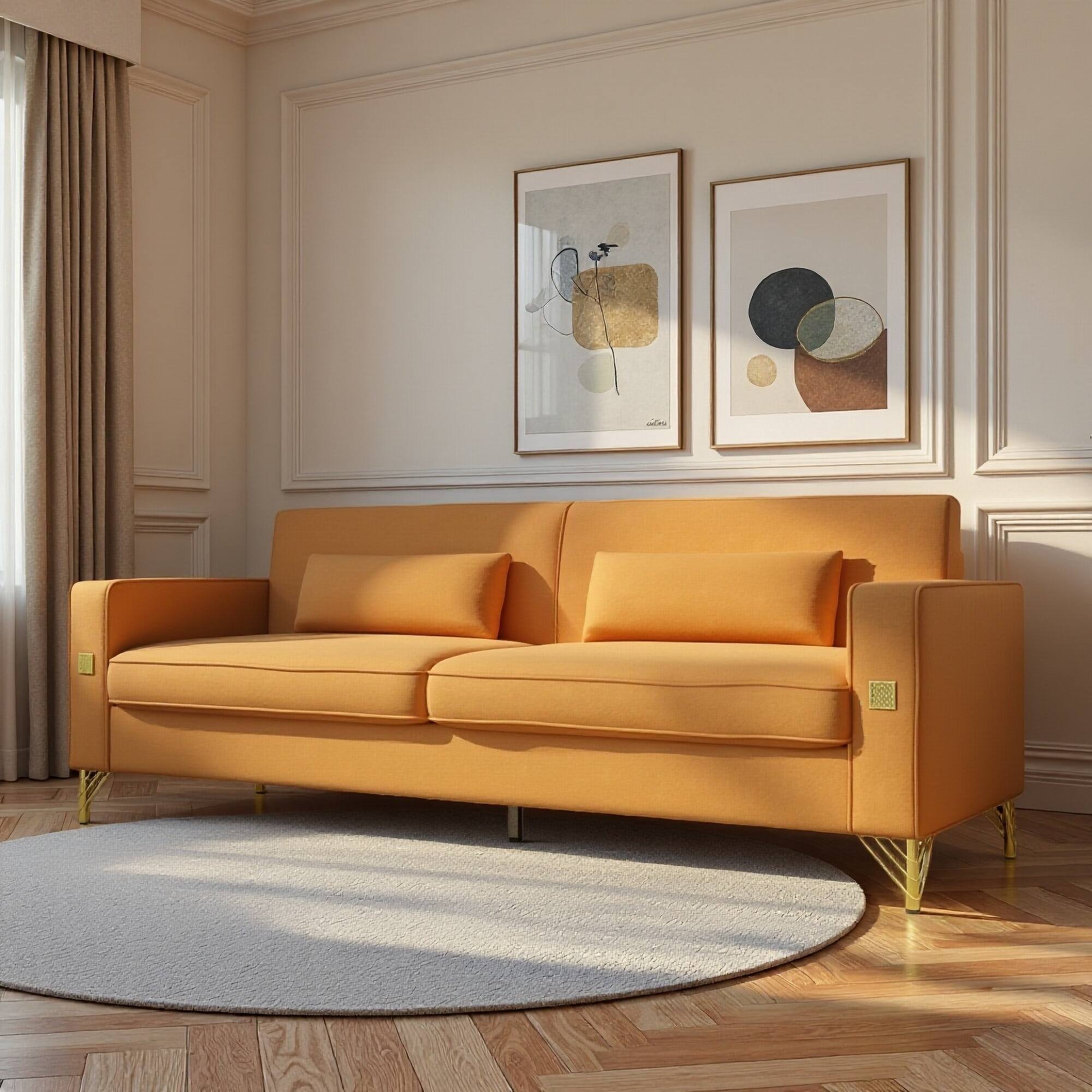 Front. Anysun - Luxury 3-Seat Velvet Sofa with Gold Accents - Plush Cushions for Living Room & Office. - Orange.