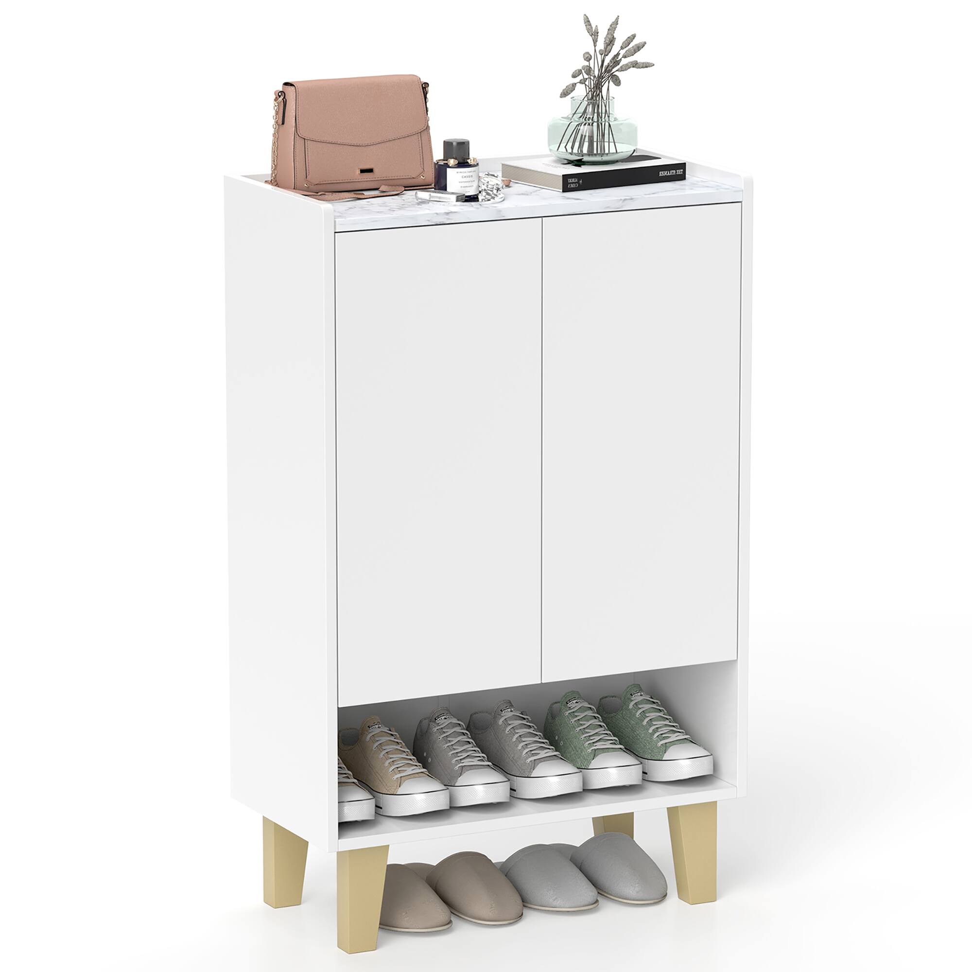 Front. Gymax - Gymax Shoe Storage Cabinet Freestanding Shoe Organizer w/ Anti-tipping Kit Open Shelf - White, Gold.