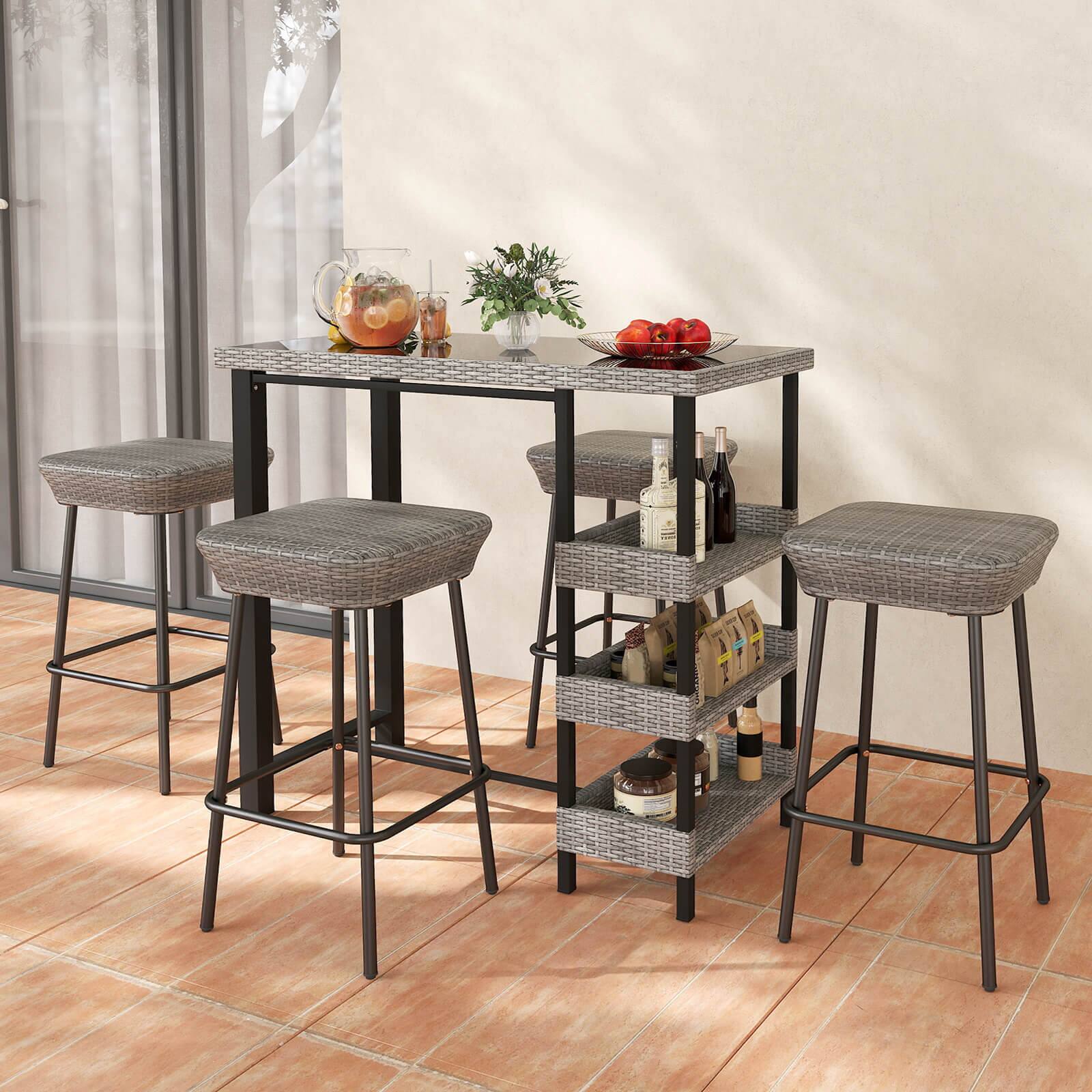 Alt View 3. Costway - Costway 43.5" Outdoor Bar Table with Tempered Glass Top & 3 Rattan Shelves Storage - Gray.