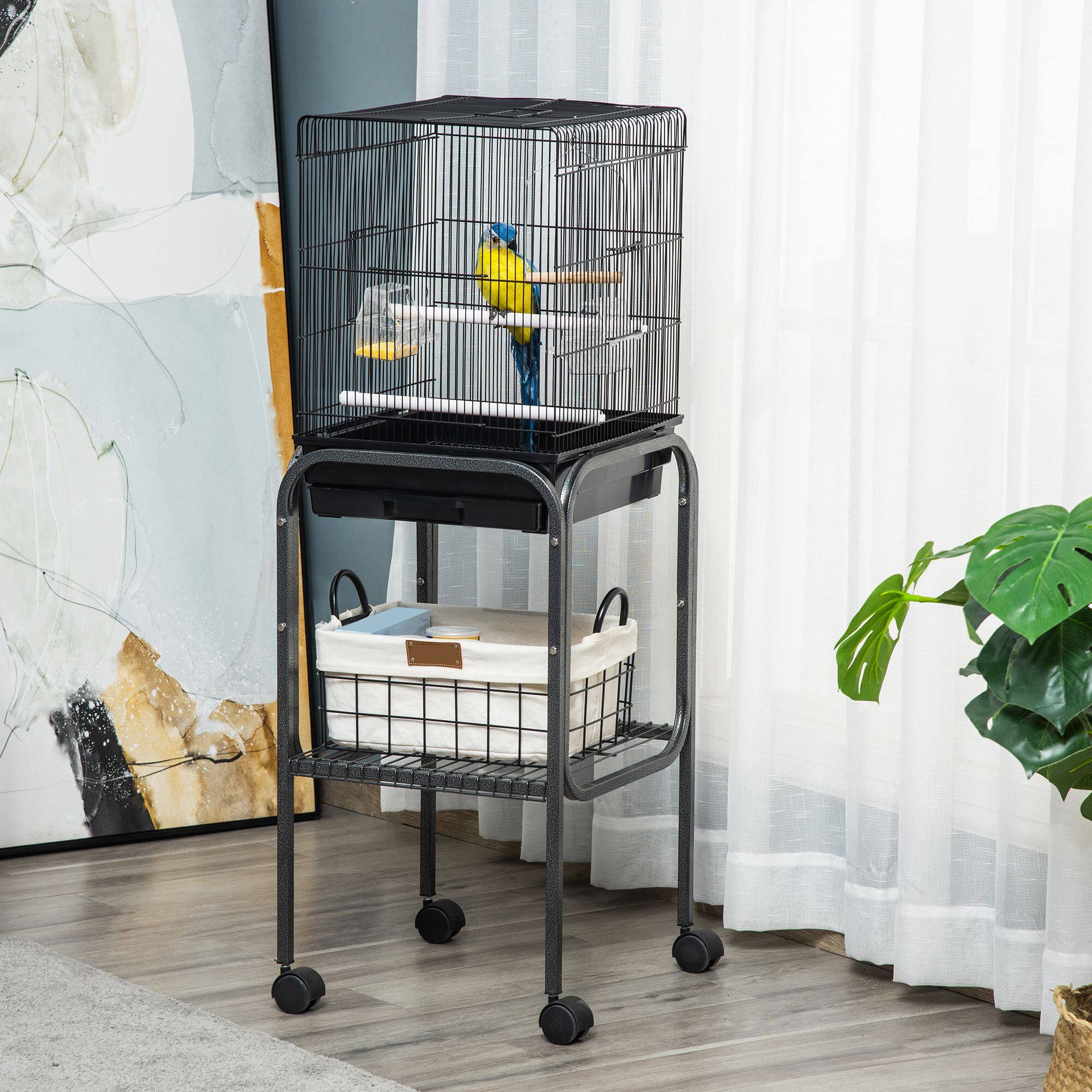 Alt View 5. Pawhut - 45" Metal Indoor Bird Cage, Parrot Cage, Bird Aviary with Detachable Rolling Stand, Storage Basket, and Accessories.