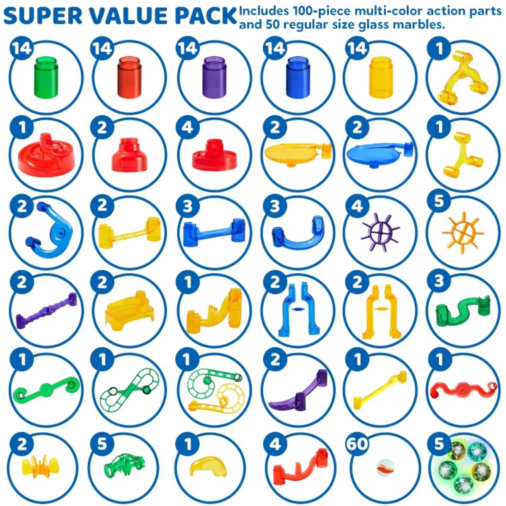 Includes 100-piece multi-color action parts SUPER VALUE PACK and 50 regular size glass marbles.