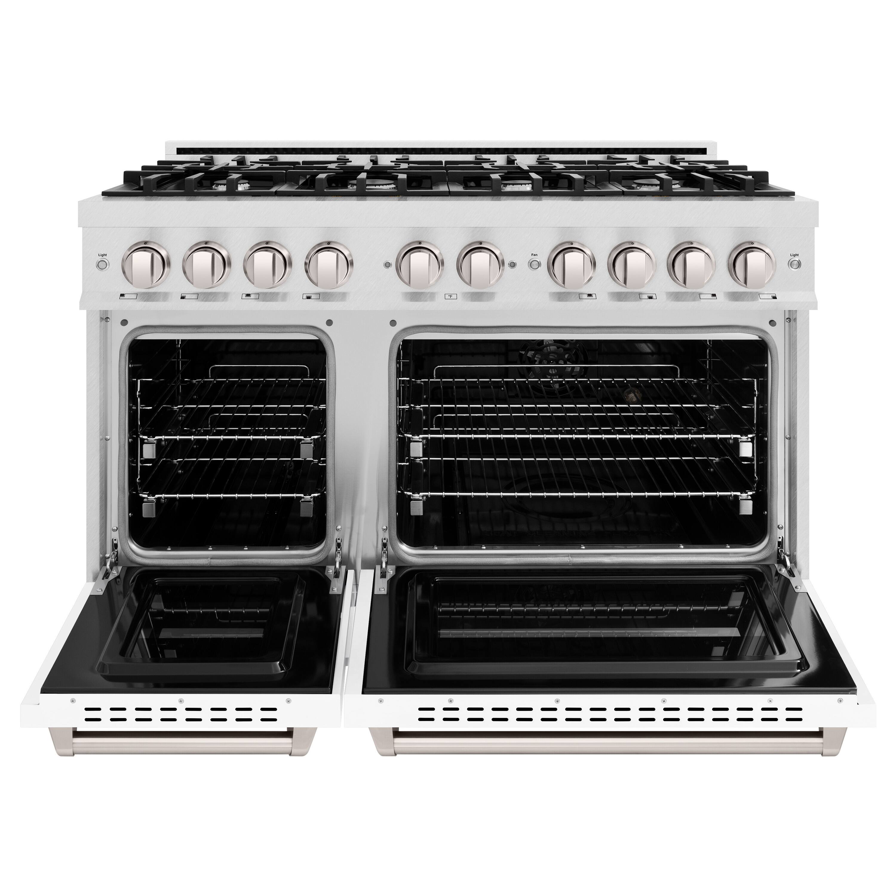 Angle. ZLINE - ZLINE 48 in. Classic Satin Steel Double Oven Gas Range w/ 8 Burners & White Matte Doors (CGRS-WM-48) - White.