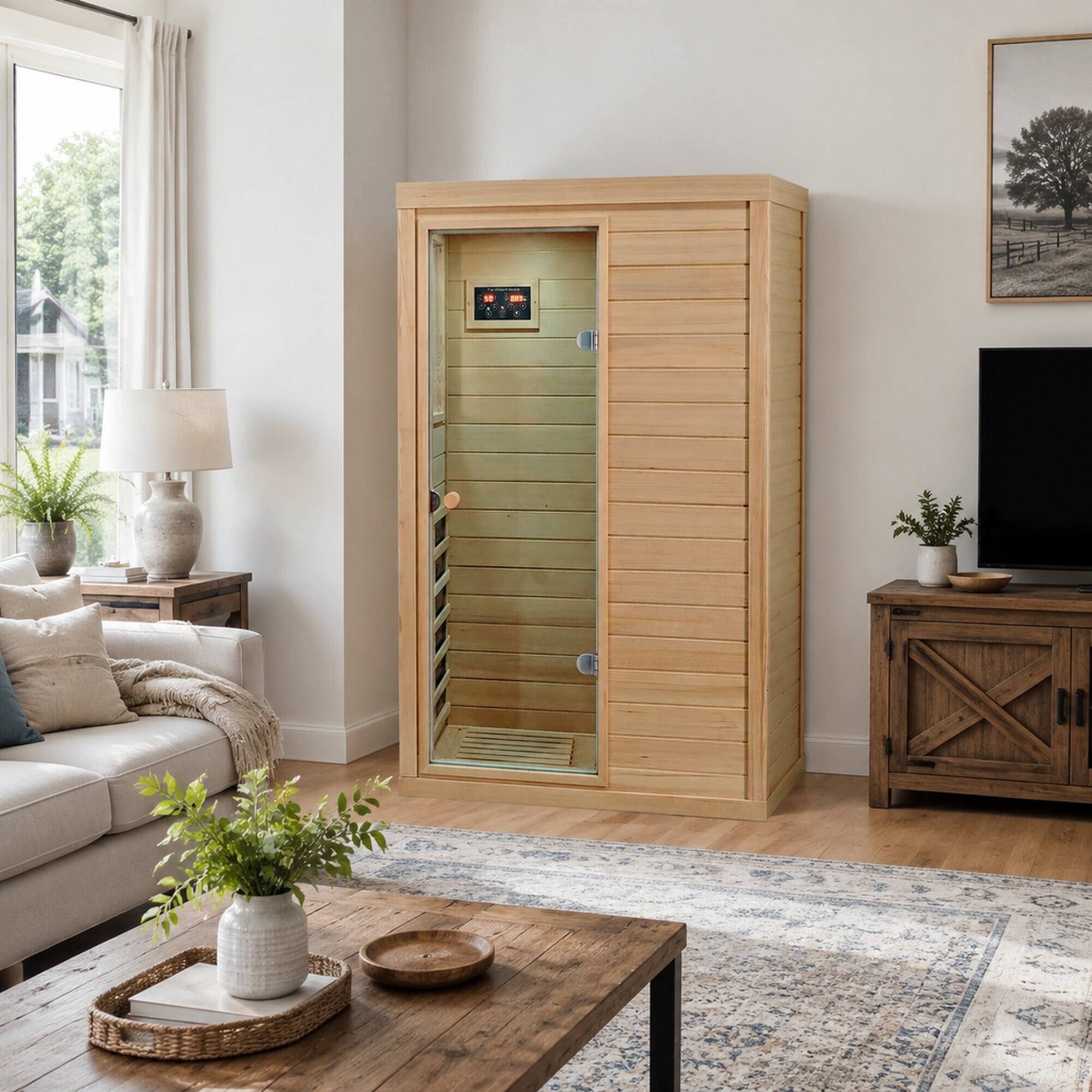 Alt View 1. RYHNUYNE - One Person Far Infrared Sauna, Canadian Hemlock Wood, Left-Hinged Door, Indoor Home Spa, 6 Heating Panels, Bluetooth - Natural Wood.