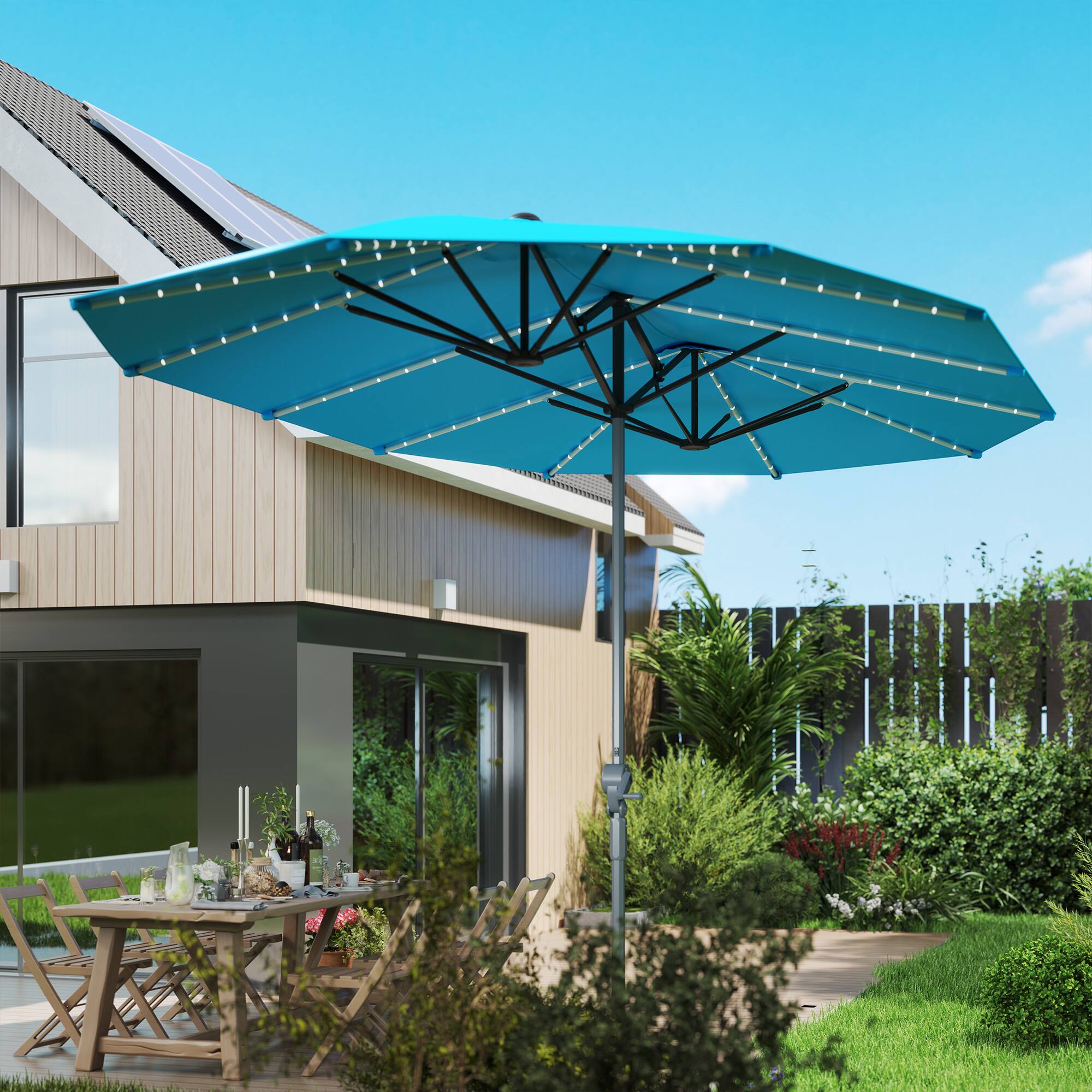 Alt View 5. Outsunny - 15ft Extra Large Patio Umbrella with Bright Solar Lights, Aluminum UPF50+ Double-Sided Outdoor Table Market Umbrella - Blue.
