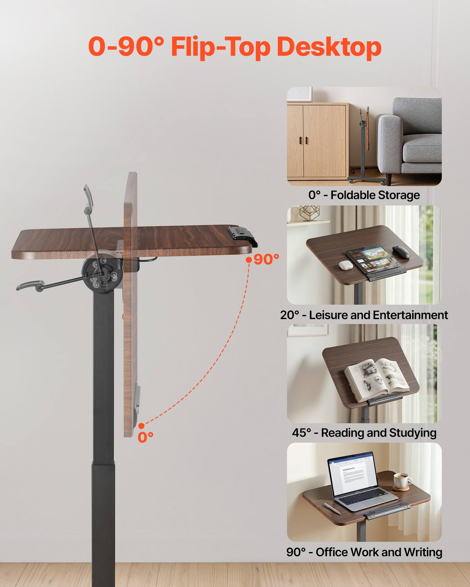 0-90° Flip-Top Desktop  
0° - Foldable Storage  
90° - Leisure and Entertainment  
45° - Reading and Studying  
90° - Office Work and Writing