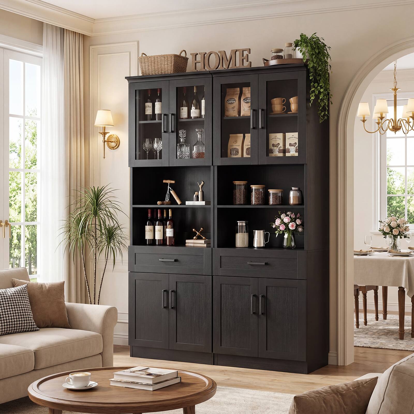 Left. Aheaplus - 79.7" Tall Kitchen Pantry Storage Cabinet, Kitchen Hutch Cabinet with Glass Door, Adjustable Shelves and Drawer - Black.