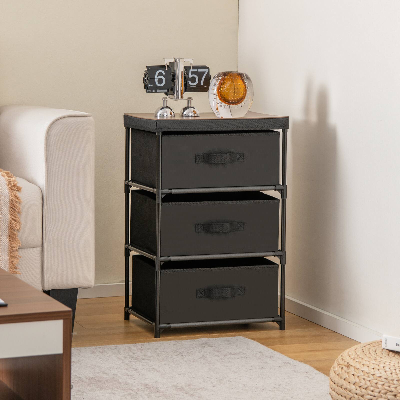 Alt View 13. Costway - 3 Drawers Dresser Fabric Storage Tower Organizer Unit Tall Nightstand Side Table - Black/Rustic Brown.