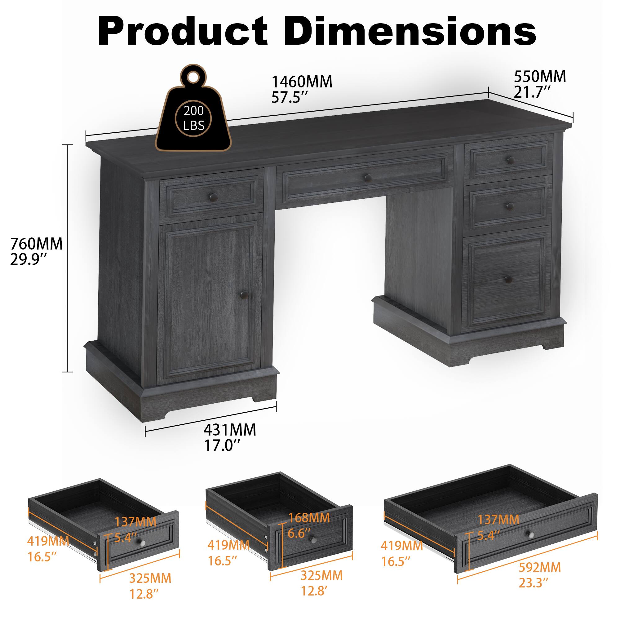 Product Dimensions:  
- 200 LBS  
- 1460MM (57.5")  
- 550MM (21.7")  
- 760MM (29.9")  
- 431MM (17.0")  
- 419MM (16.5")  
- 137MM (5.4")  
- 325MM (12.8")  
- 168MM (6.6")  
- 592MM (23.3")