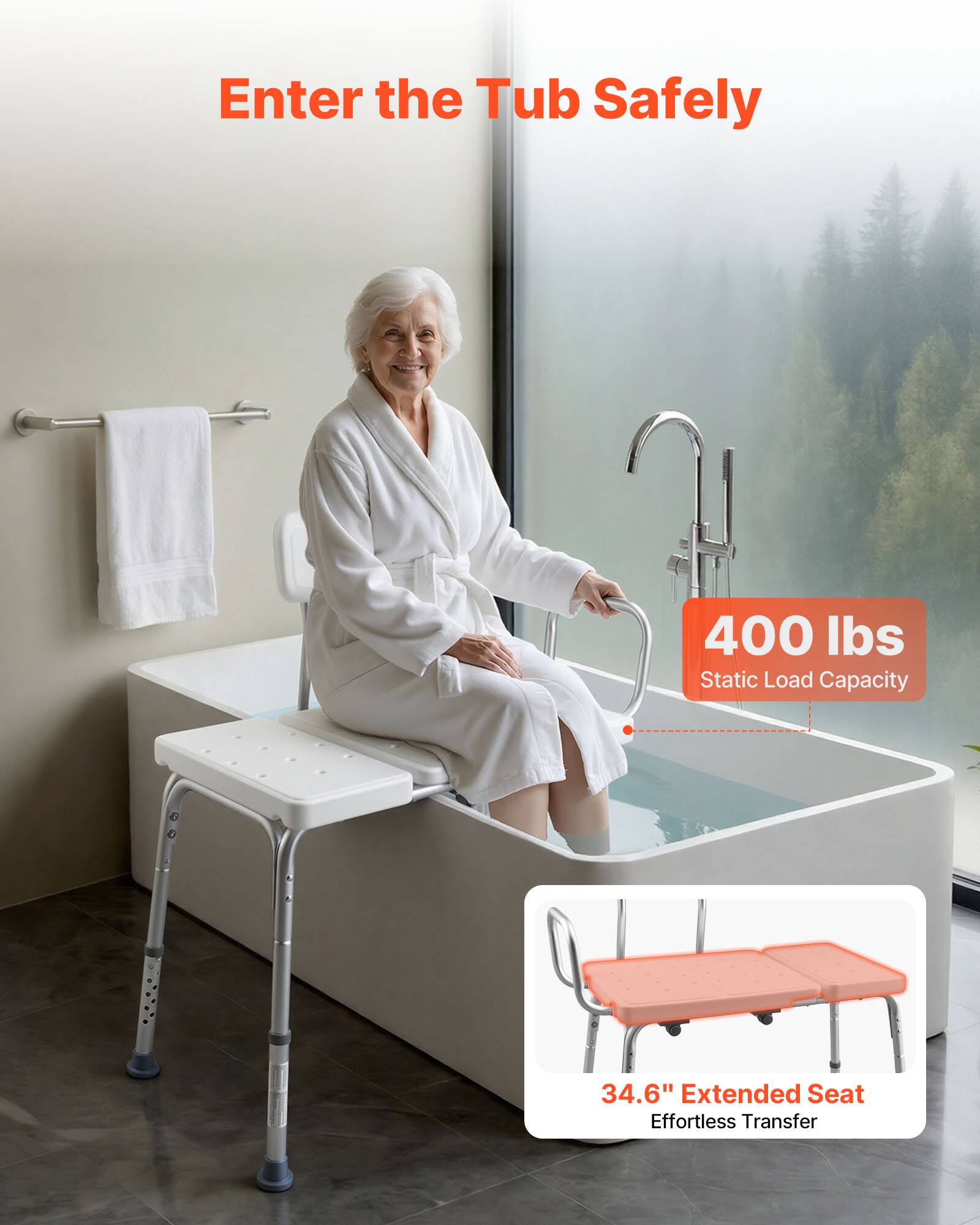Enter the Tub Safely

400 lbs Static Load Capacity

34.6" Extended Seat Effortless Transfer