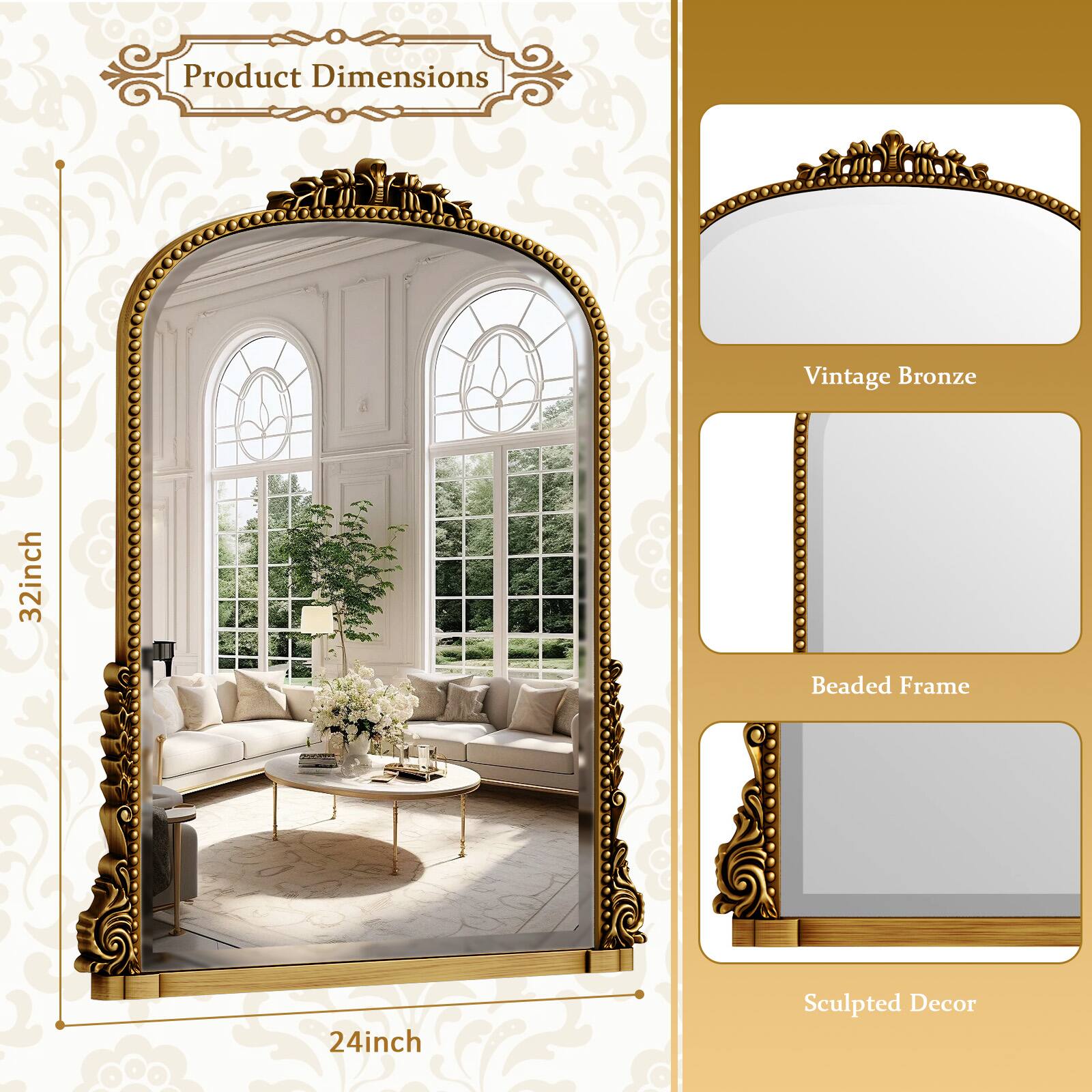 Product Dimensions: Vintage Bronze, 32inch Beaded Frame, 24inch Sculpted Decor