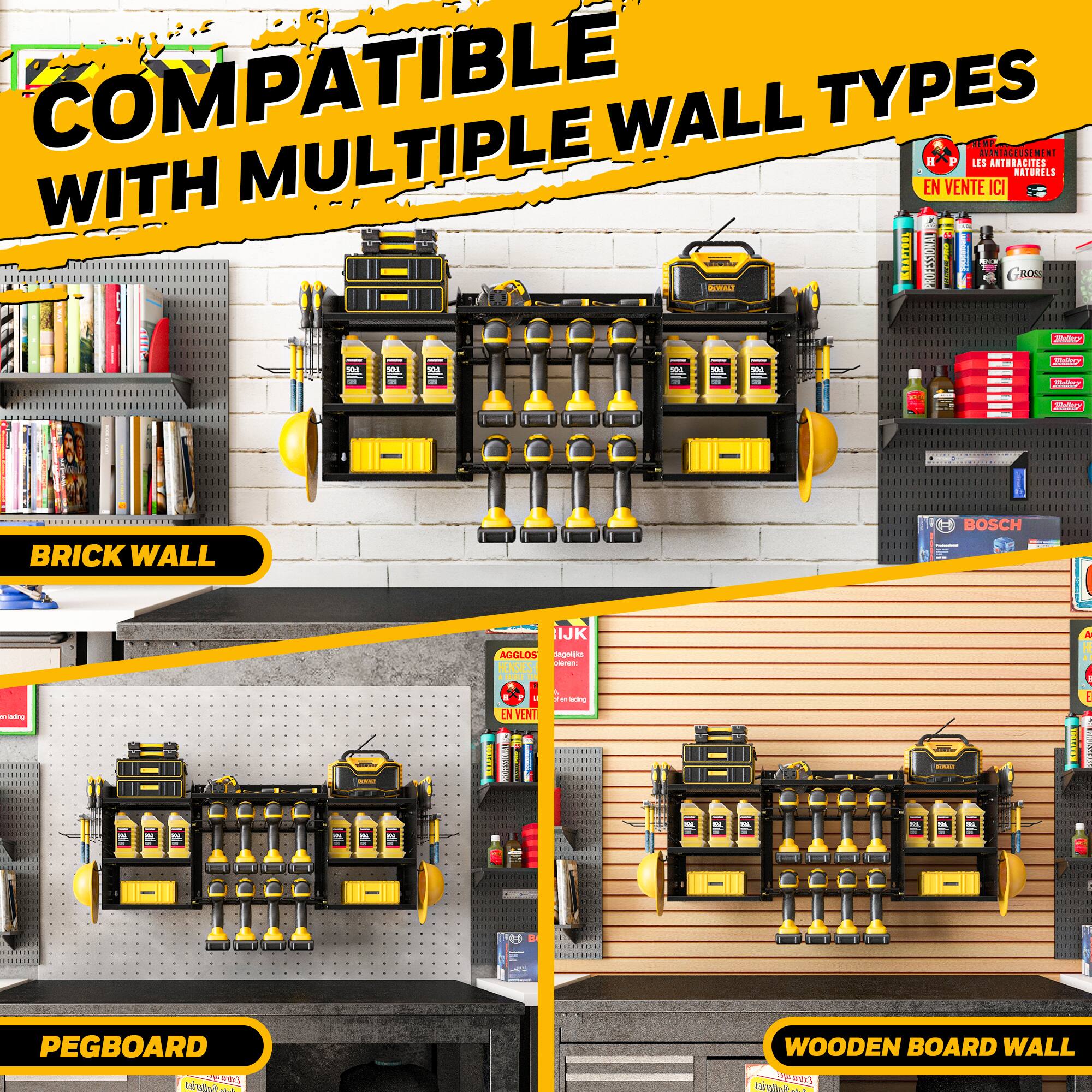 COMPATIBLE WITH MULTIPLE WALL TYPES

- BRICK WALL
- PEGBOARD
- WOODEN BOARD WALL