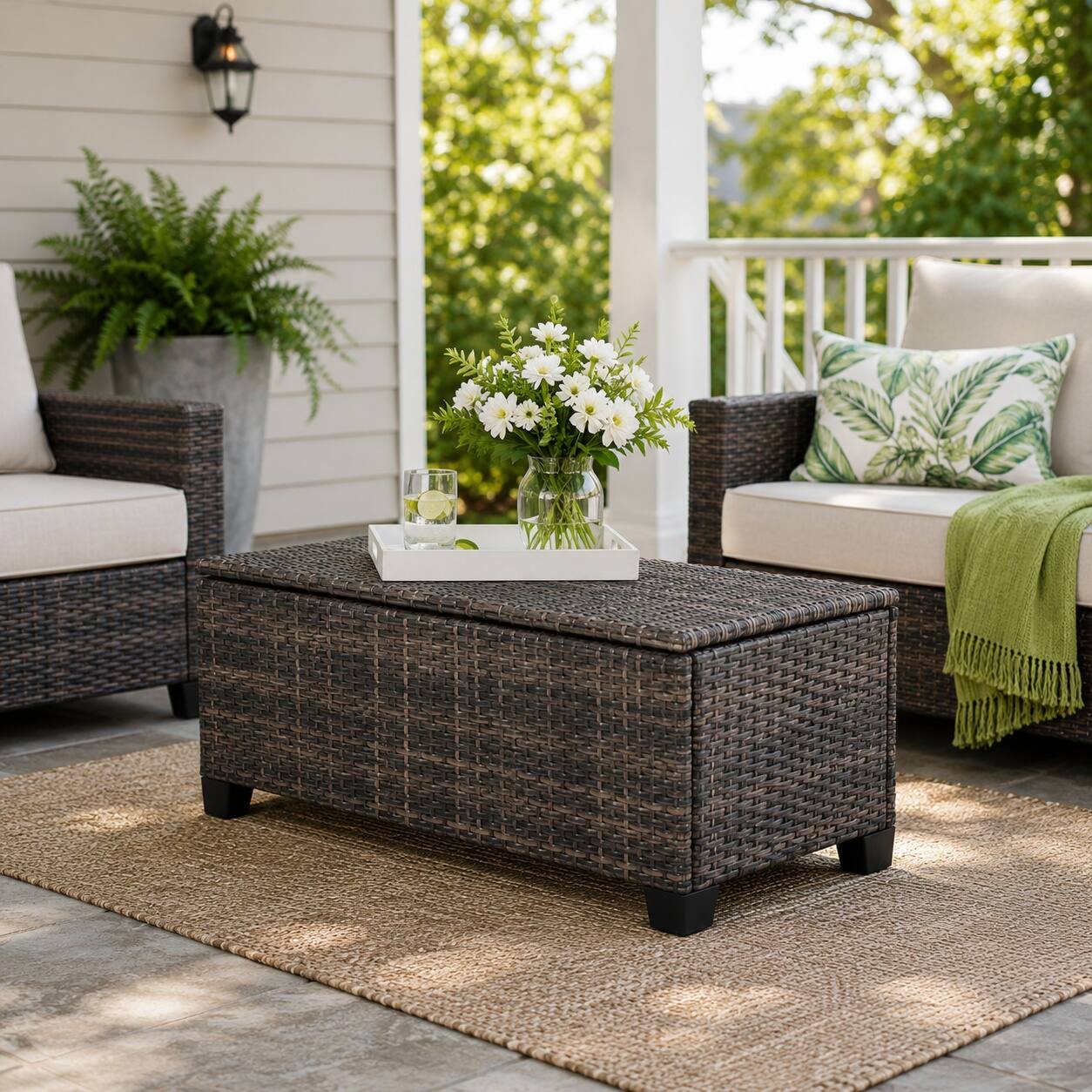 Angle. Yardgrace - Outdoor Storage Patio Coffee Table All Weather Wicker Side Waterproof Rattan Furniture Toys Garden Tools - Brown.