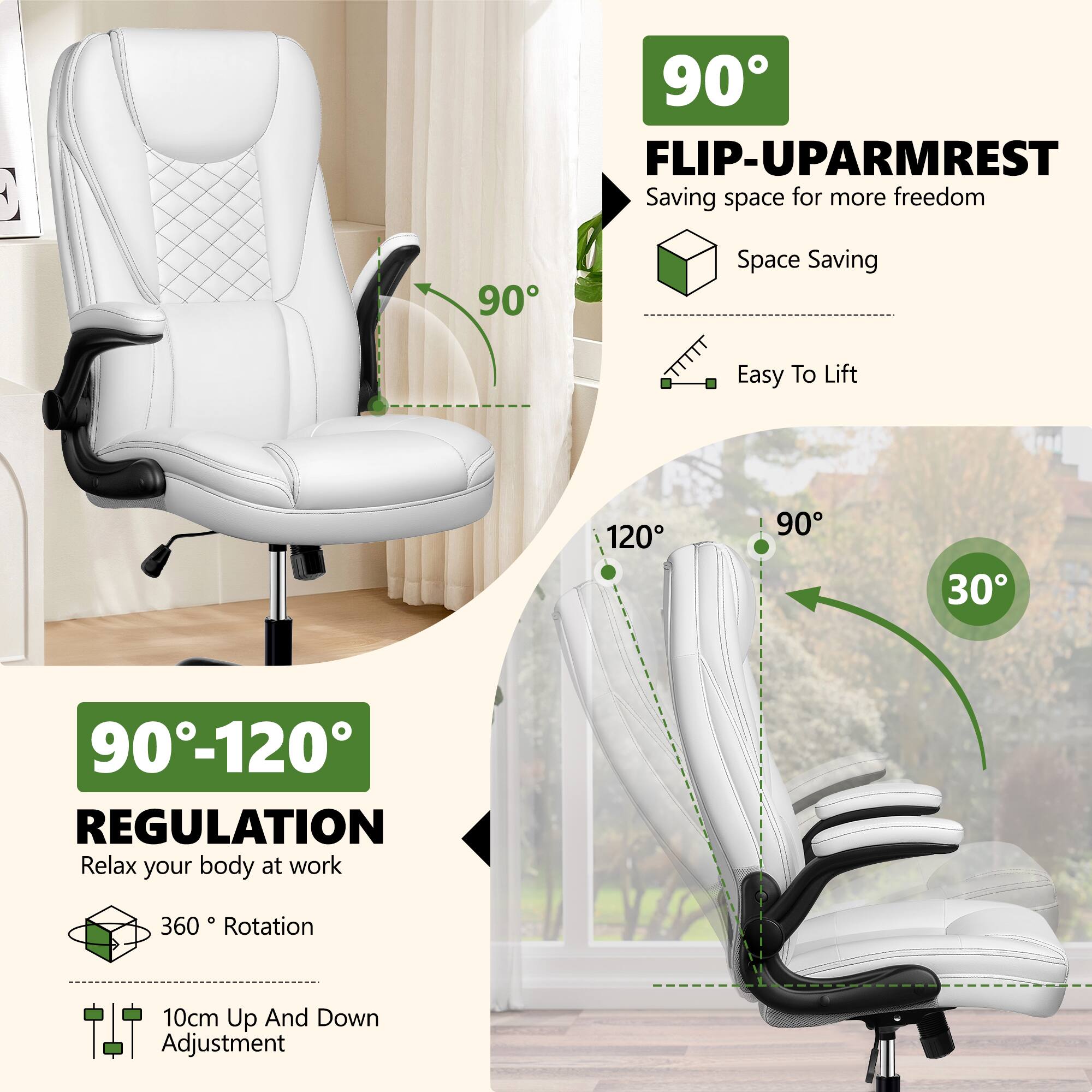 C 90° FLIP-UP ARMREST  
Saving space for more freedom  
Space Saving  
Easy To Lift  

90°-120° REGULATION  
Relax your body at work  
360° Rotation  
10cm Up And Down Adjustment