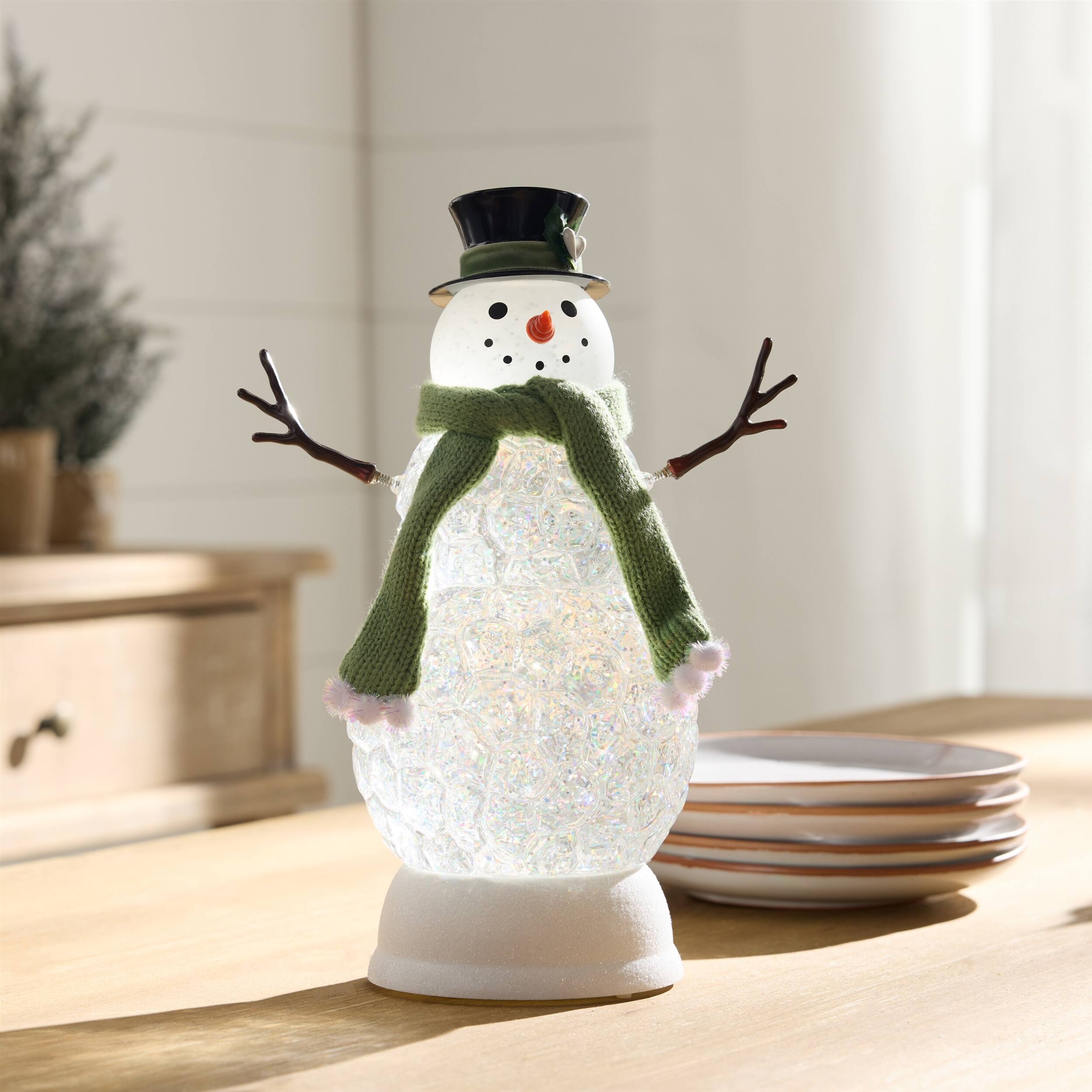 Back. BreeBe - LED Snowman Snow Globe 11"H - White, Green.