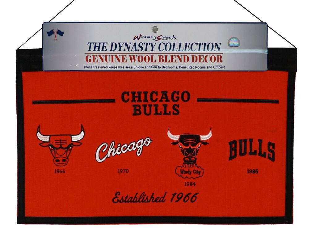 **Winning Streak Sports Inc.**
**The Dynasty Collection**
**Genuine Wool Blend Decor**
These treasured keepsakes are a unique addition to Bedrooms, Dens, Rec Rooms and Offices!
---
**Chicago Bulls**
- 1966
- Chicago 1970
- Windy City 1984
- Established 1966
- Bulls 1985