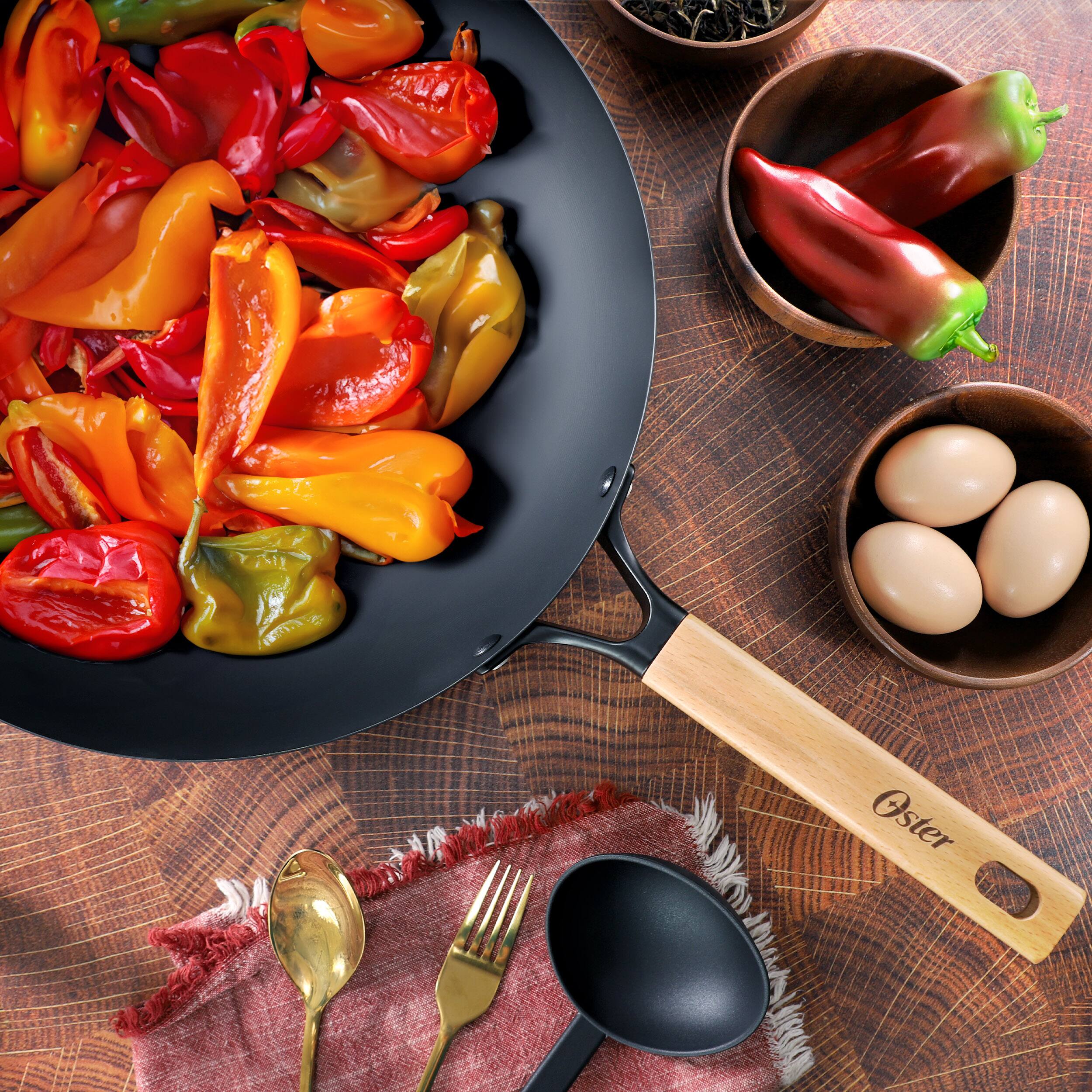Alt View 5. Oster - Oster Northcliffe 13.5 Inch Round Carbon Steel Flat Base Wok with Wooden Handles - Black.