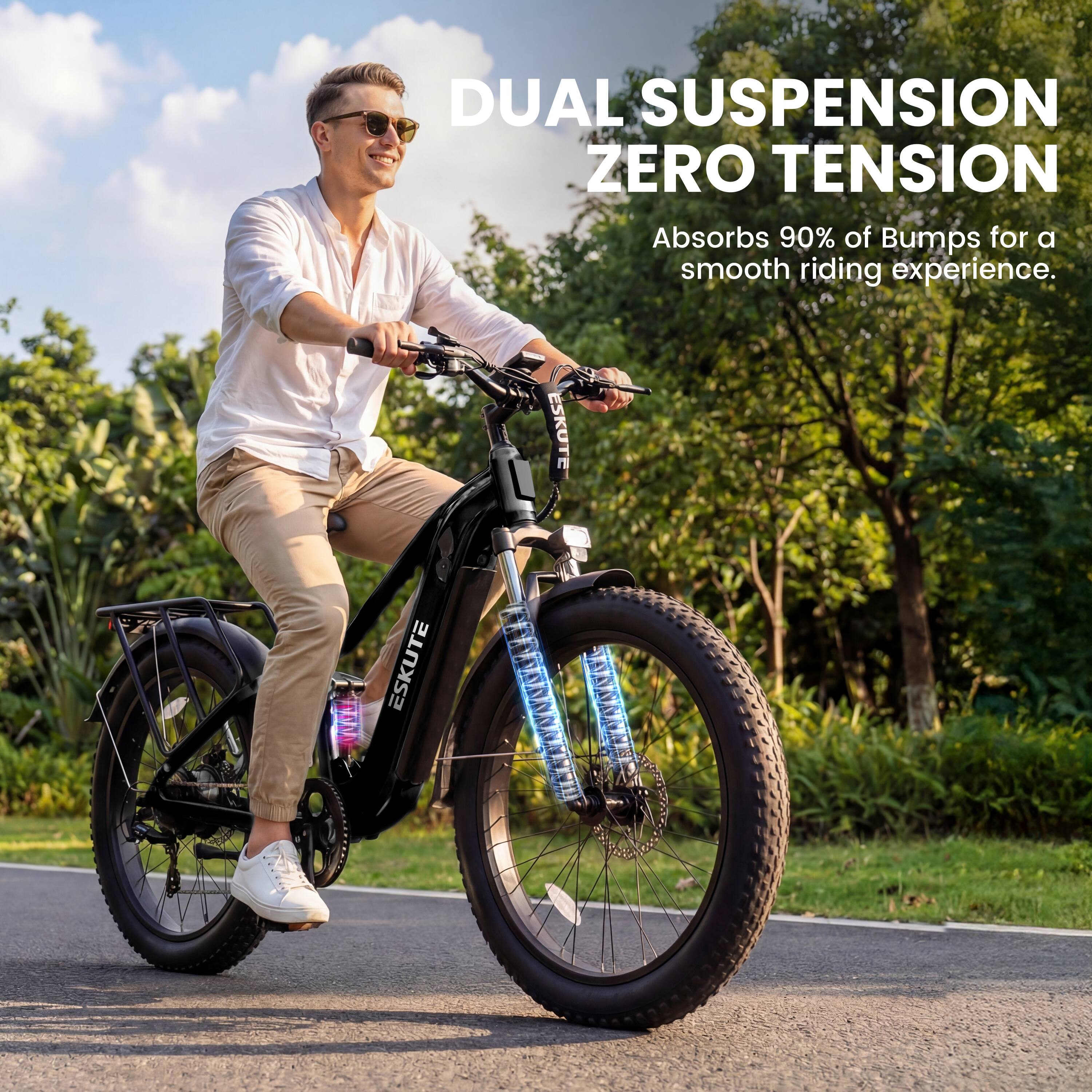 DUAL SUSPENSION ZERO TENSION  
Absorbs 90% of Bumps for a smooth riding experience.  
ESKUTE