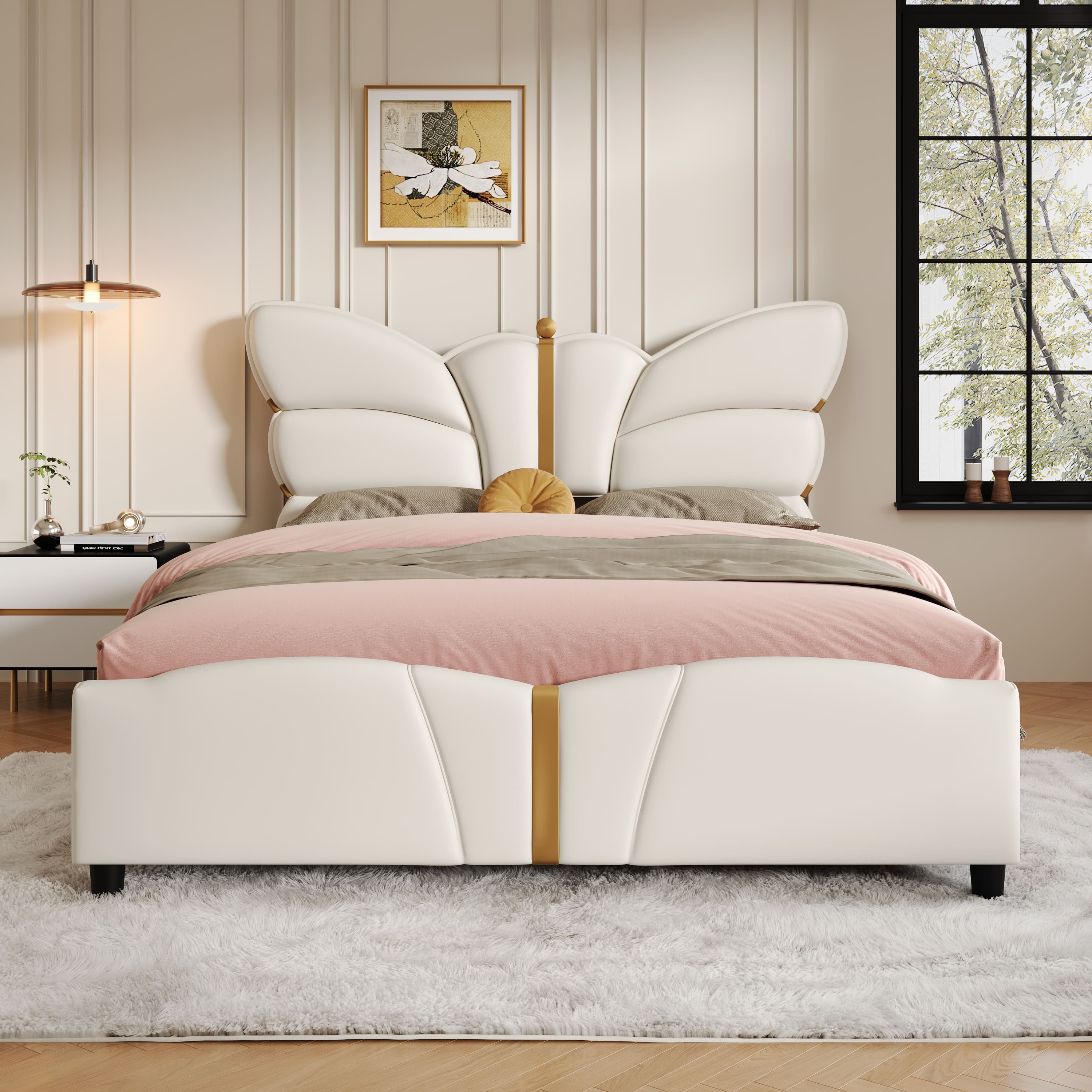 Anysun - Full Size Platform PU Leather Bed Frame with Butterfly-Shaped Headboard & Footboard, No Box Spring Needed - Beige