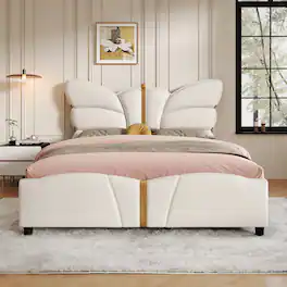 Anysun - Full Size Platform PU Leather Bed Frame with Butterfly-Shaped Headboard & Footboard, No Box Spring Needed - Beige