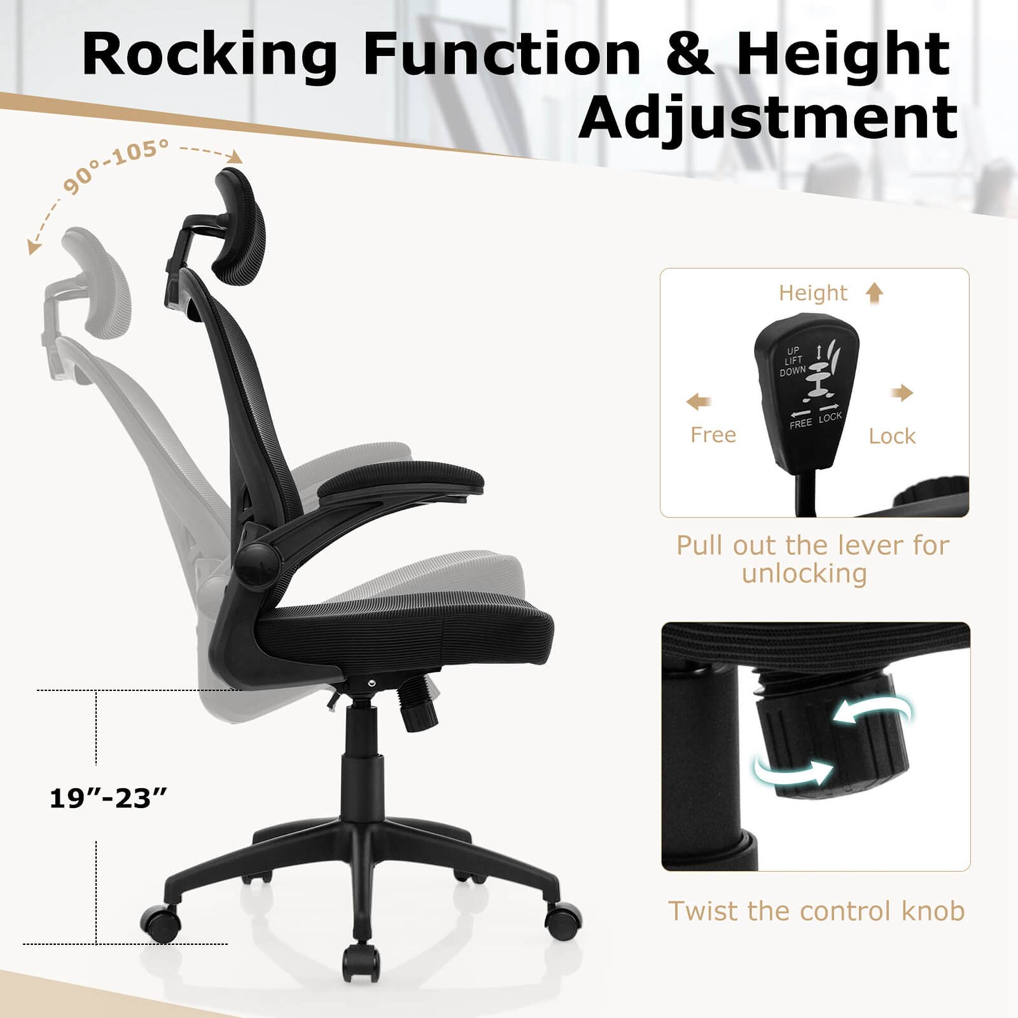 Rocking Function & Height Adjustment

- Rocking Function: 90°-105°
- Height Adjustment: 19"-23"
- Height Control: UP LIFT DOWN FREE LOCK
  - Pull out the lever for unlocking
  - Twist the control knob