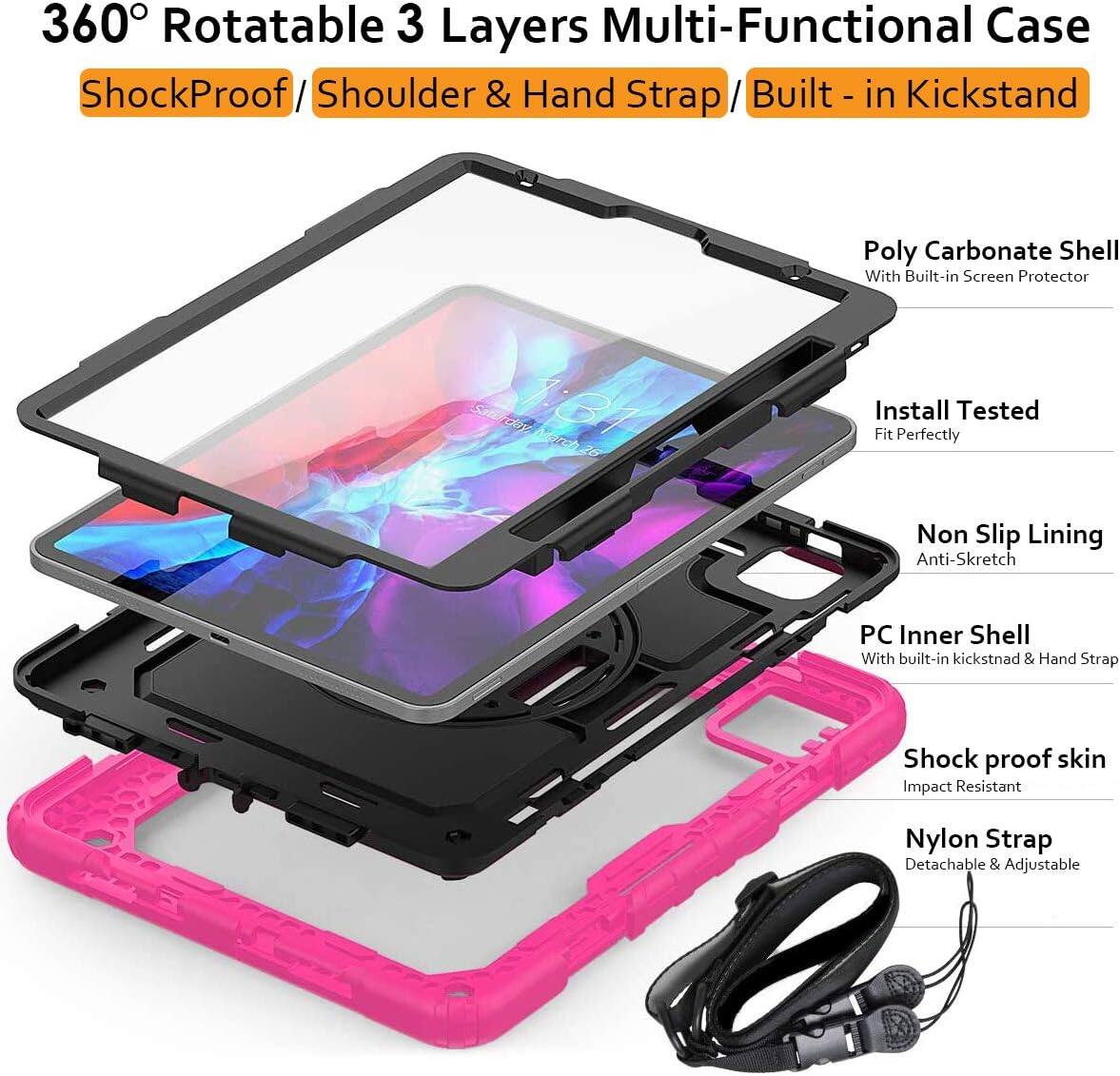 360° Rotatable 3 Layers Multi-Functional Case  
ShockProof / Shoulder & Hand Strap / Built-in Kickstand  

Poly Carbonate Shell With Built-in Screen Protector  
Install Tested Fit Perfectly  
Non Slip Lining Anti-Sketch  
PC Inner Shell With built-in kickstand & Hand Strap  
Shock proof skin Impact Resistant  
Nylon Strap Detachable & Adjustable