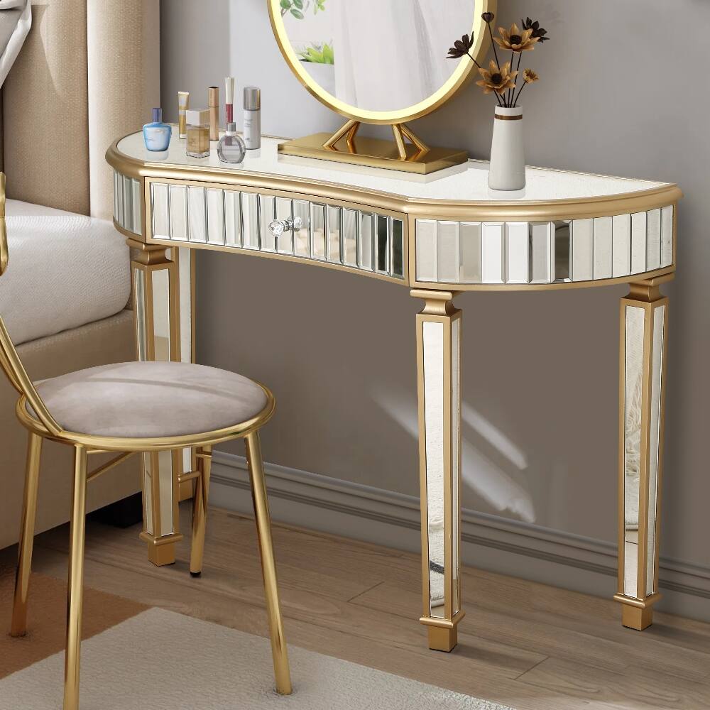 Angle. Loheer - Loheer 47 inch half moon mirrored console table, silver entryway vanity desk with crystal knob drawer - Gold and Silver.