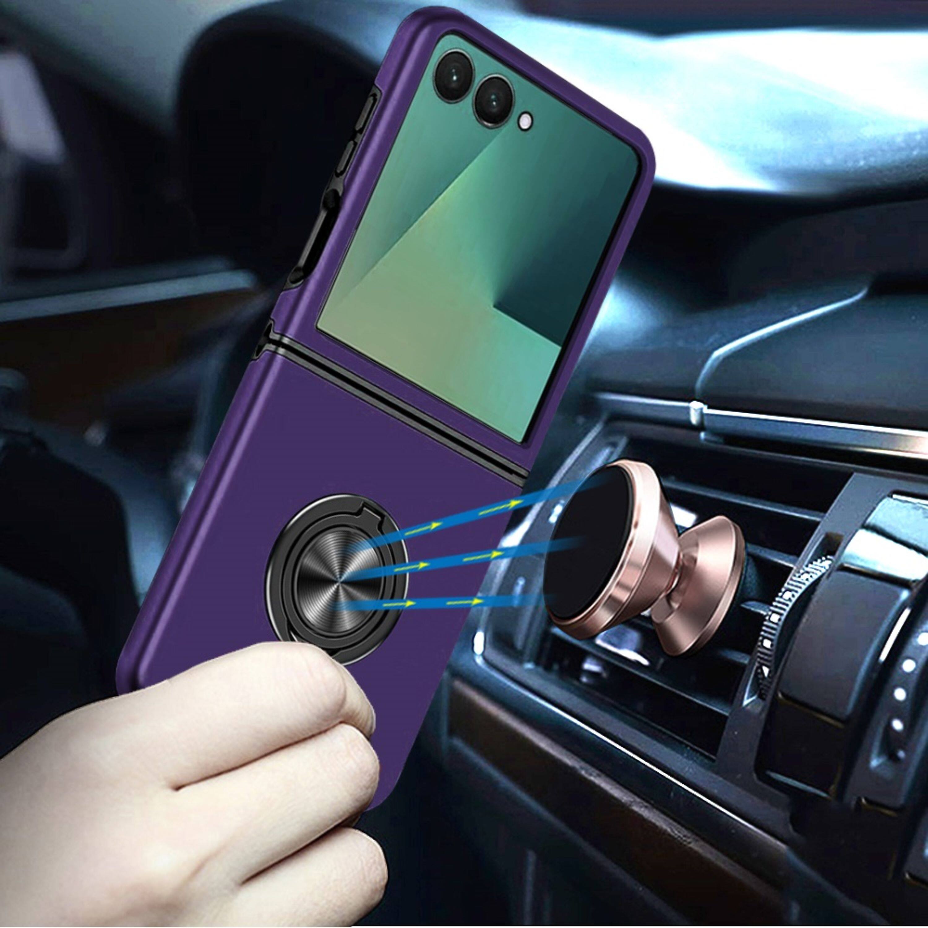 Angle. Kitcheniva - Rubber Dual Layer Magnetic Ring Stand Case With Tempered Glass For Samsung Z Flip7 Dark Purple - Dark Purple.