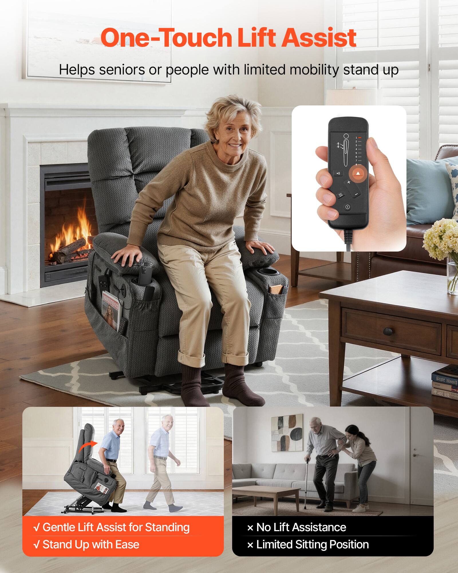 One-Touch Lift Assist  
Helps seniors or people with limited mobility stand up

- Gentle Lift Assist for Standing  
- Stand Up with Ease

- No Lift Assistance  
- Limited Sitting Position