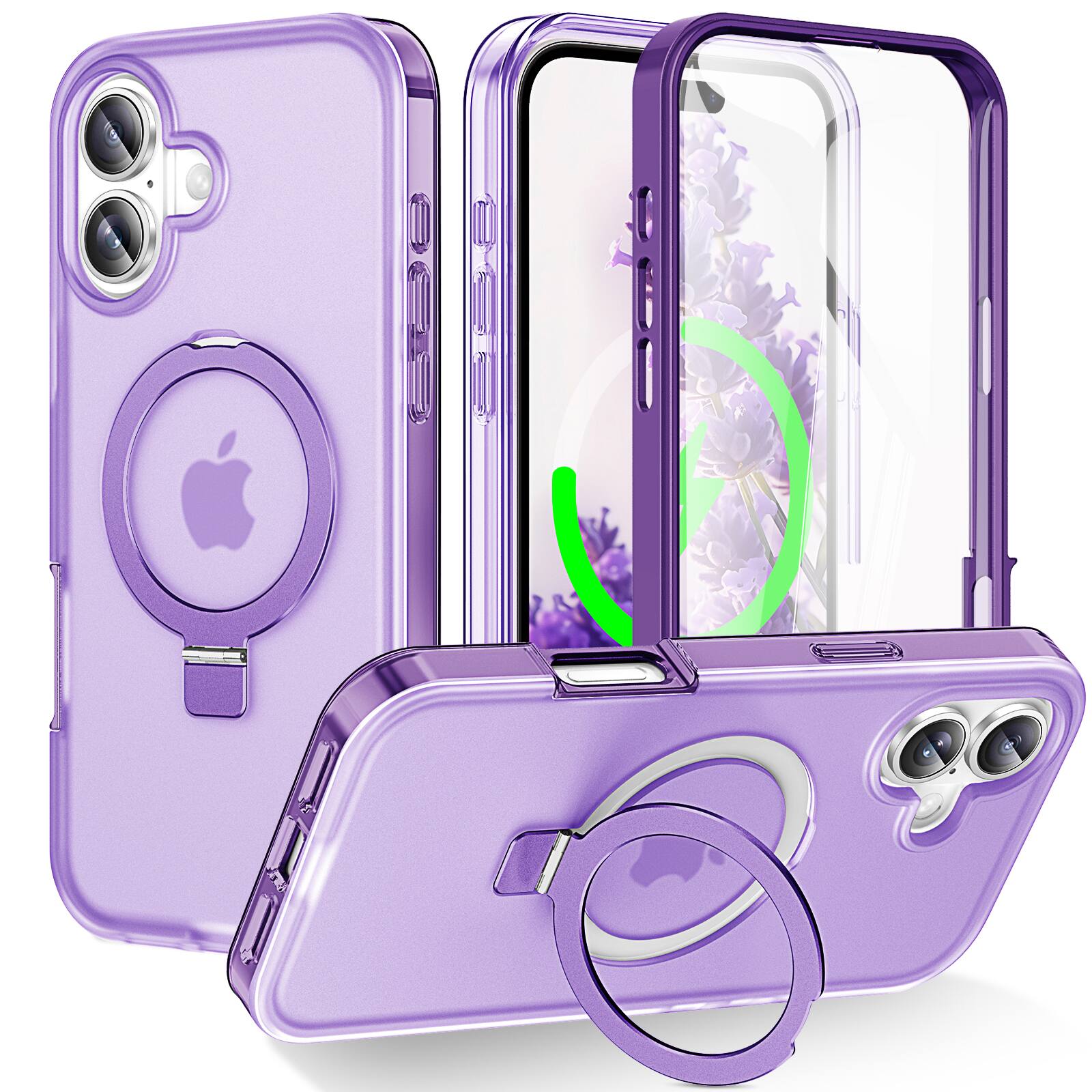 Dteck - for Apple iPhone 17 Mag Safe Case, Ring Stand Built-in Screen Protector Full Body Cover - Purple