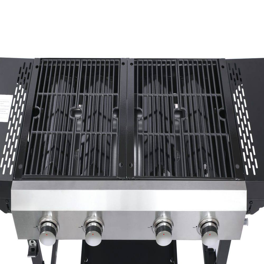 Back. Resenkos - 4 Burner BBQ Propane Gas Grill, Stainless Steel Patio Garden Barbecue Grill with Two Foldable Shelves, Black.