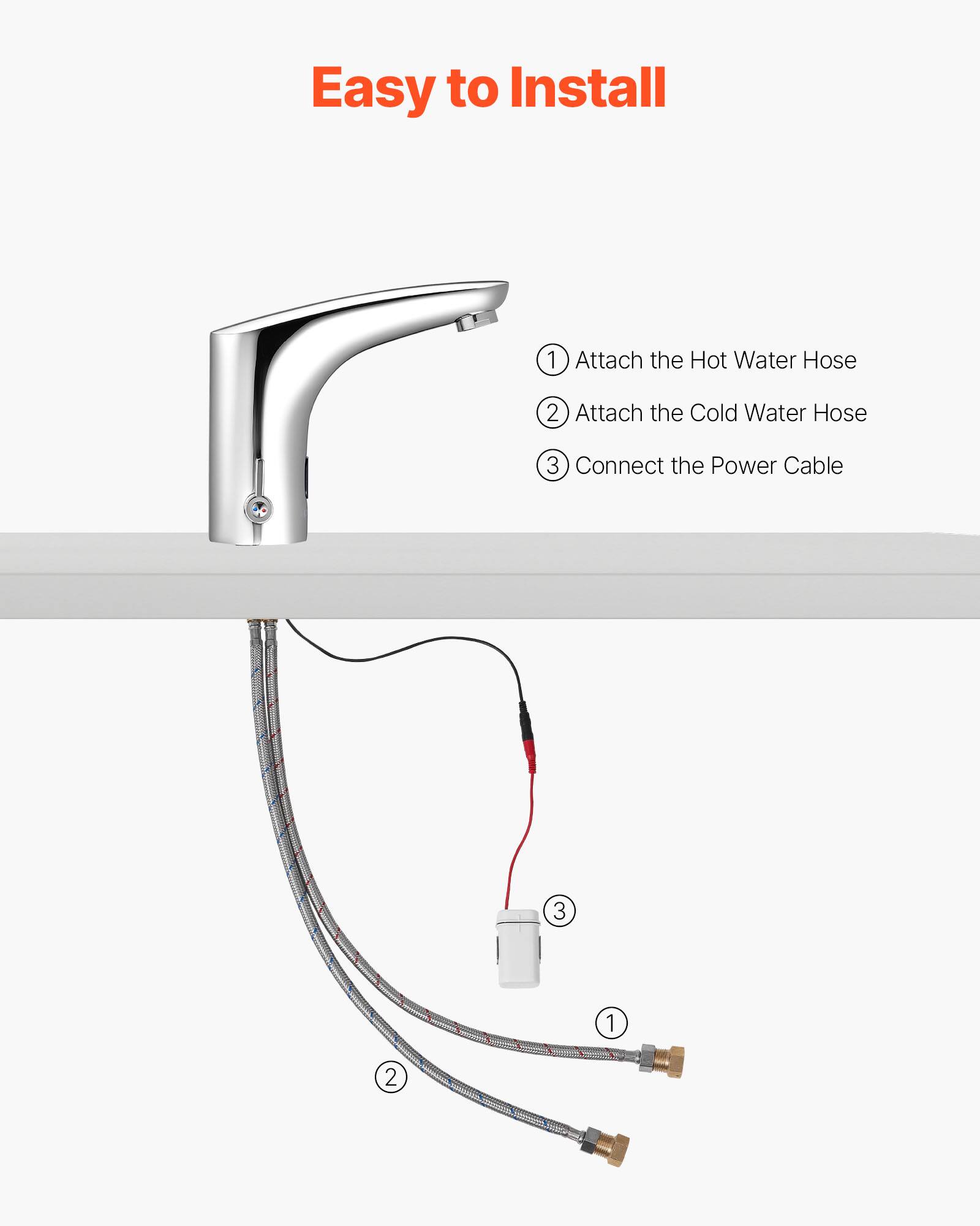 Easy to Install

1. Attach the Hot Water Hose
2. Attach the Cold Water Hose
3. Connect the Power Cable