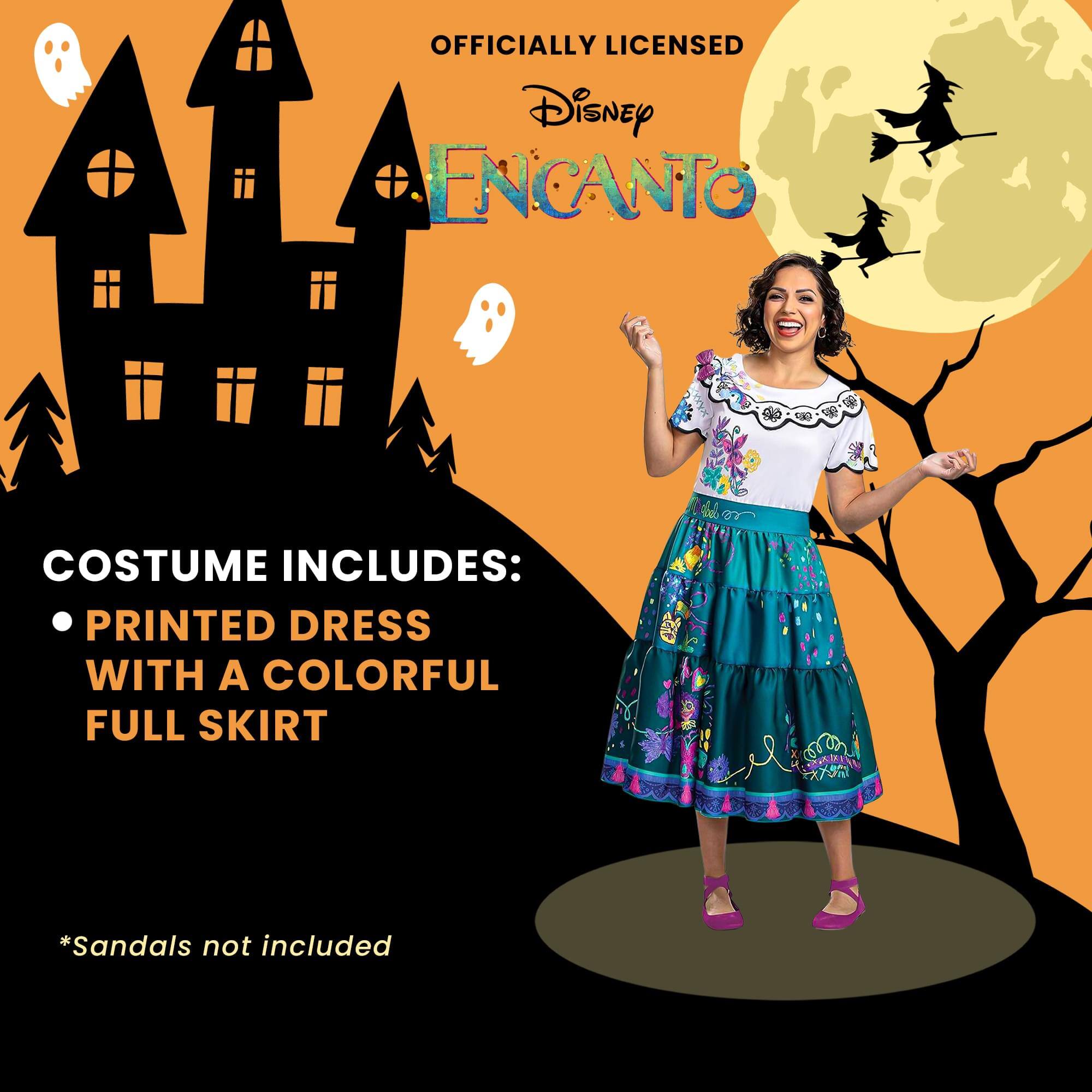 OFFICIALLY LICENSED Disney ENCANTO COSTUME INCLUDES: PRINTED DRESS WITH A COLORFUL FULL SKIRT *Sandals not included