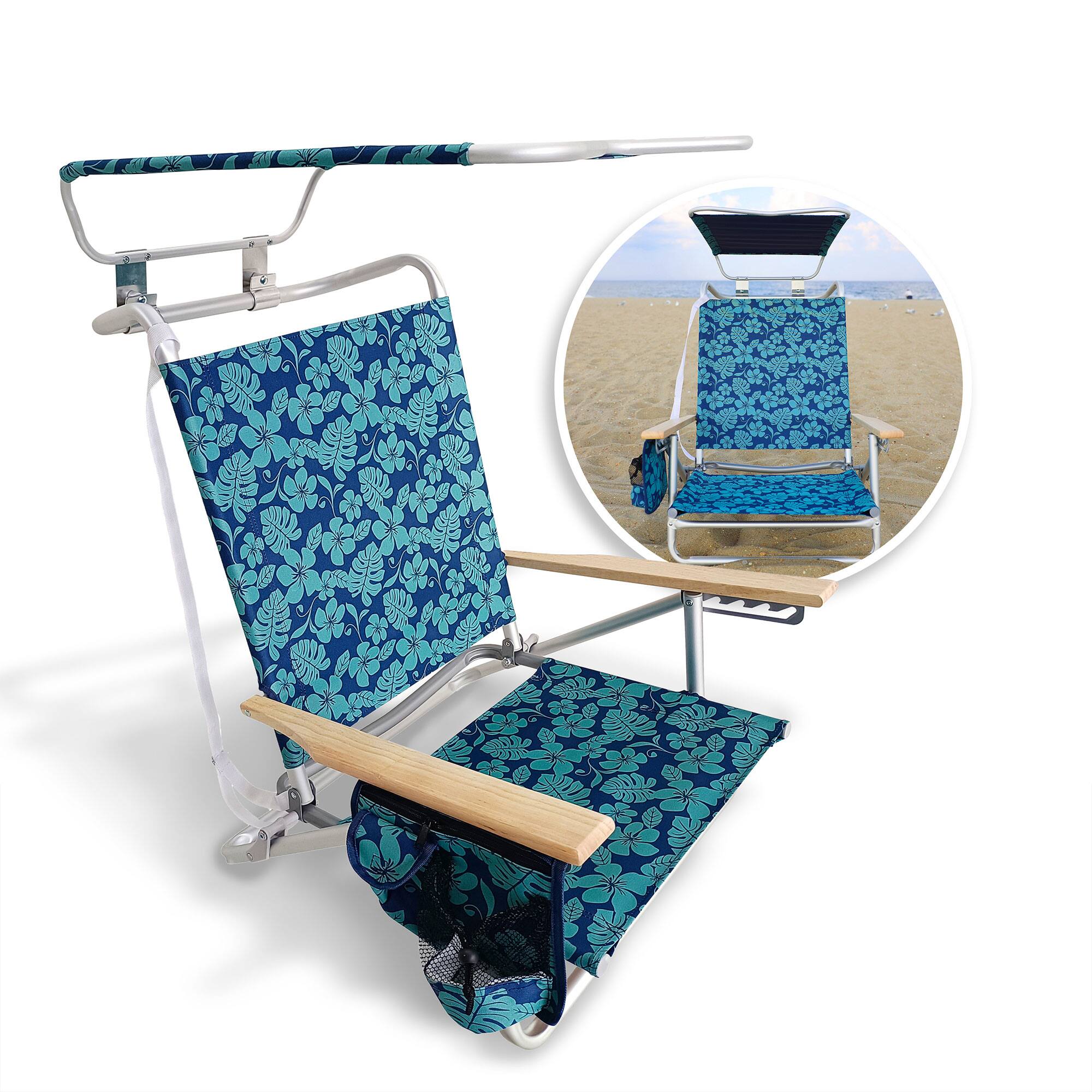 Alt View 7. Bliss Hammocks - Bliss Hammocks Folding Beach Chair, Backpack Recliner with Canopy, Blue Flower - Blue Flowers.