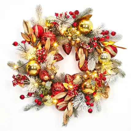 Front. Acekool - 24 Inch Christmas Wreath with 20 Led Lights Ball Ornaments Golden Leaves and Berries for Front Door Wall Window - Red Gold.