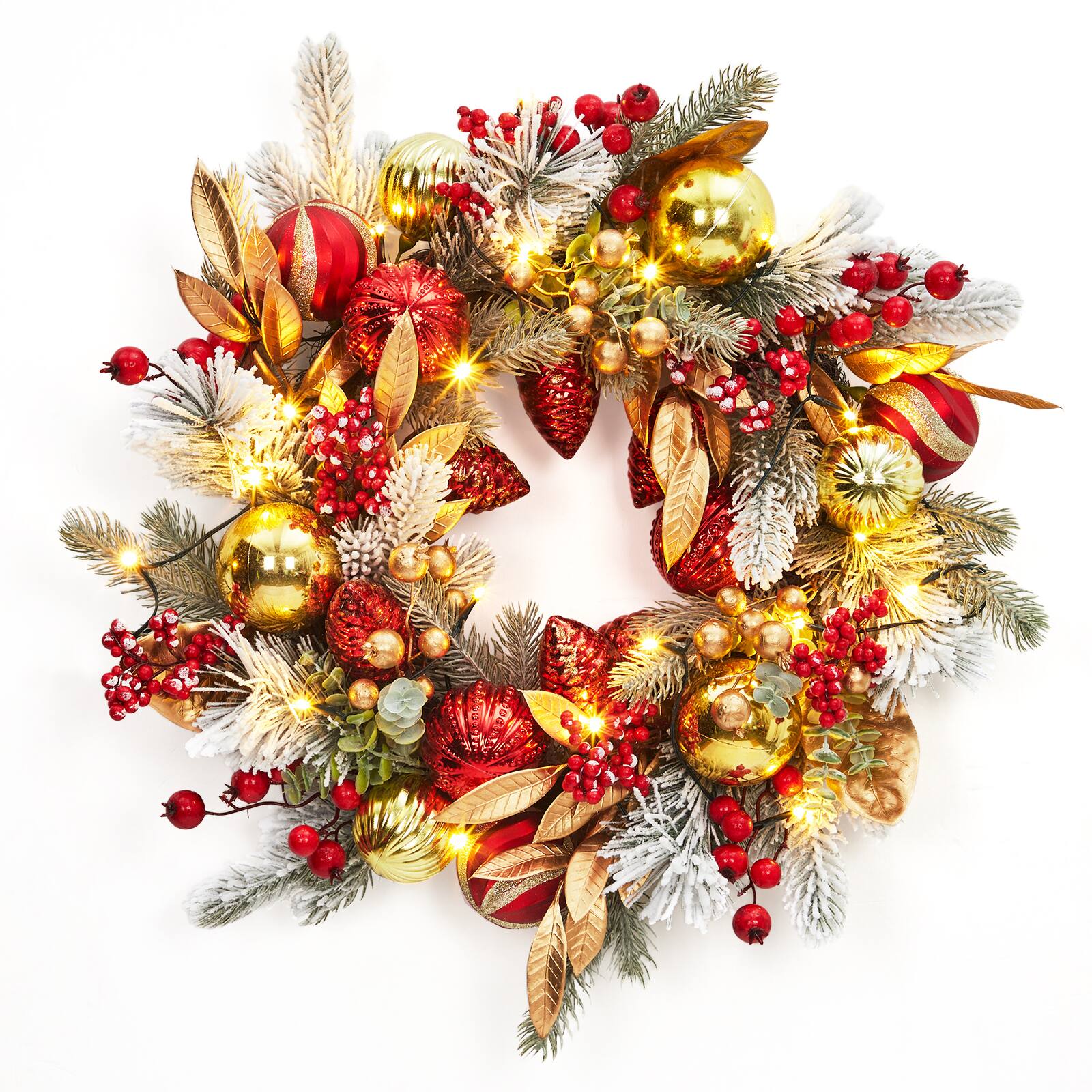 Acekool - 24 Inch Christmas Wreath with 20 Led Lights Ball Ornaments Golden Leaves and Berries for Front Door Wall Window - Red Gold