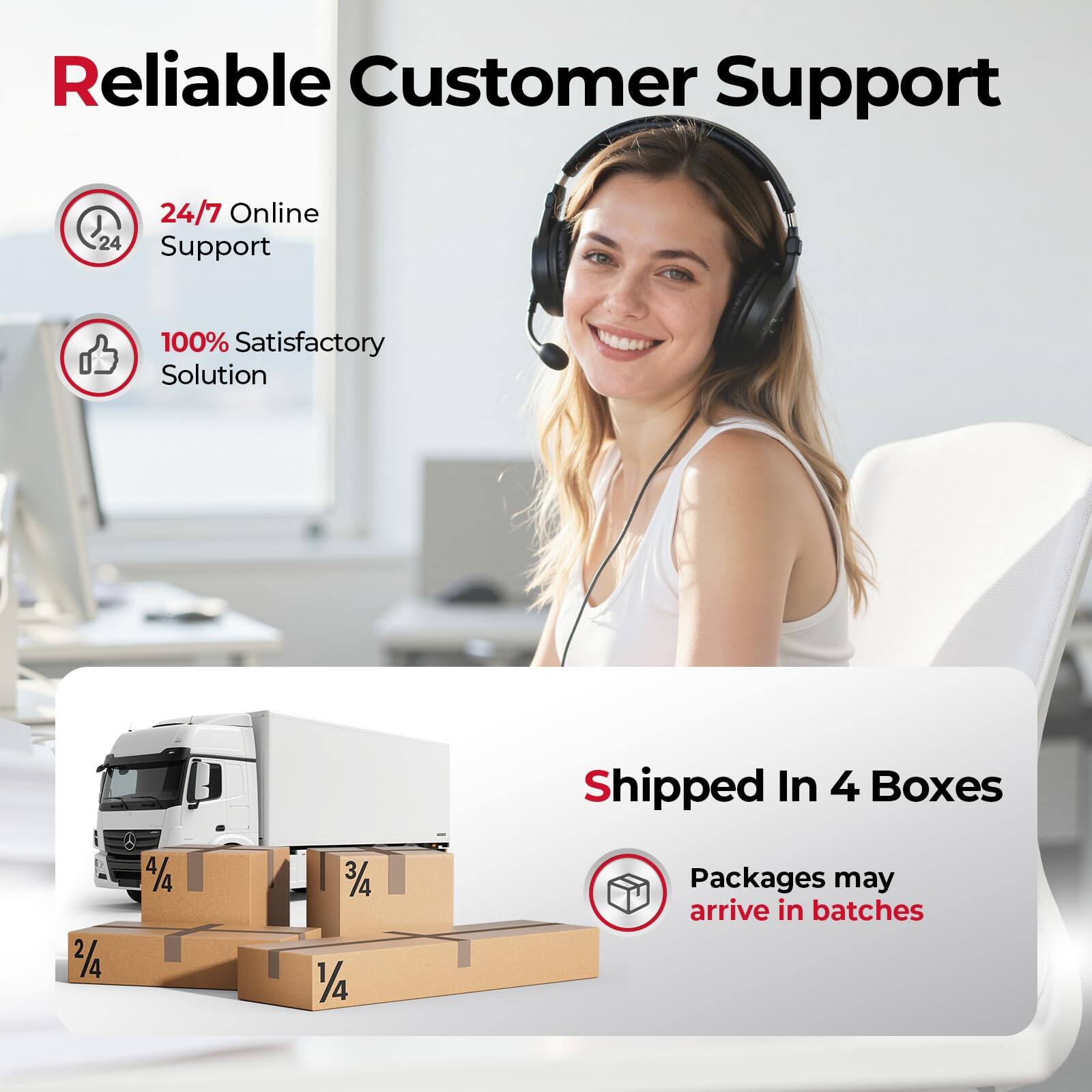 Reliable Customer Support

24/7 Online Support

100% Satisfactory Solution

Shipped In 4 Boxes

Packages may arrive in batches